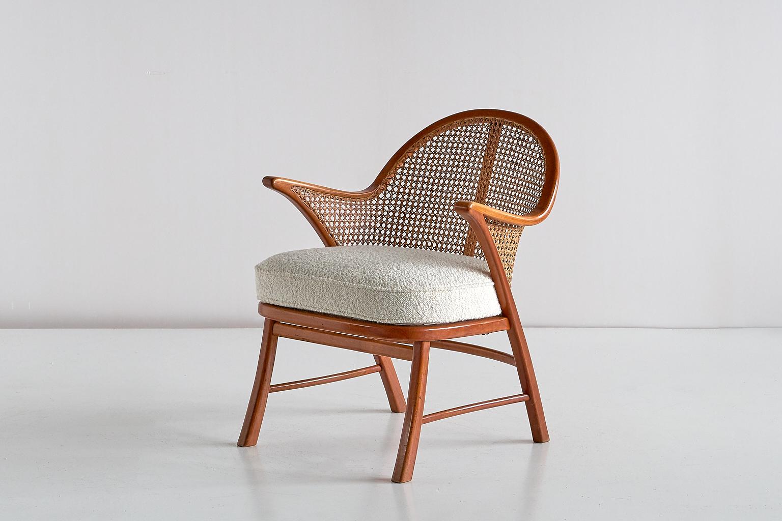 Scandinavian Modern Armchair in Beech, Cane and Dedar Bouclé, Denmark, 1950s 4