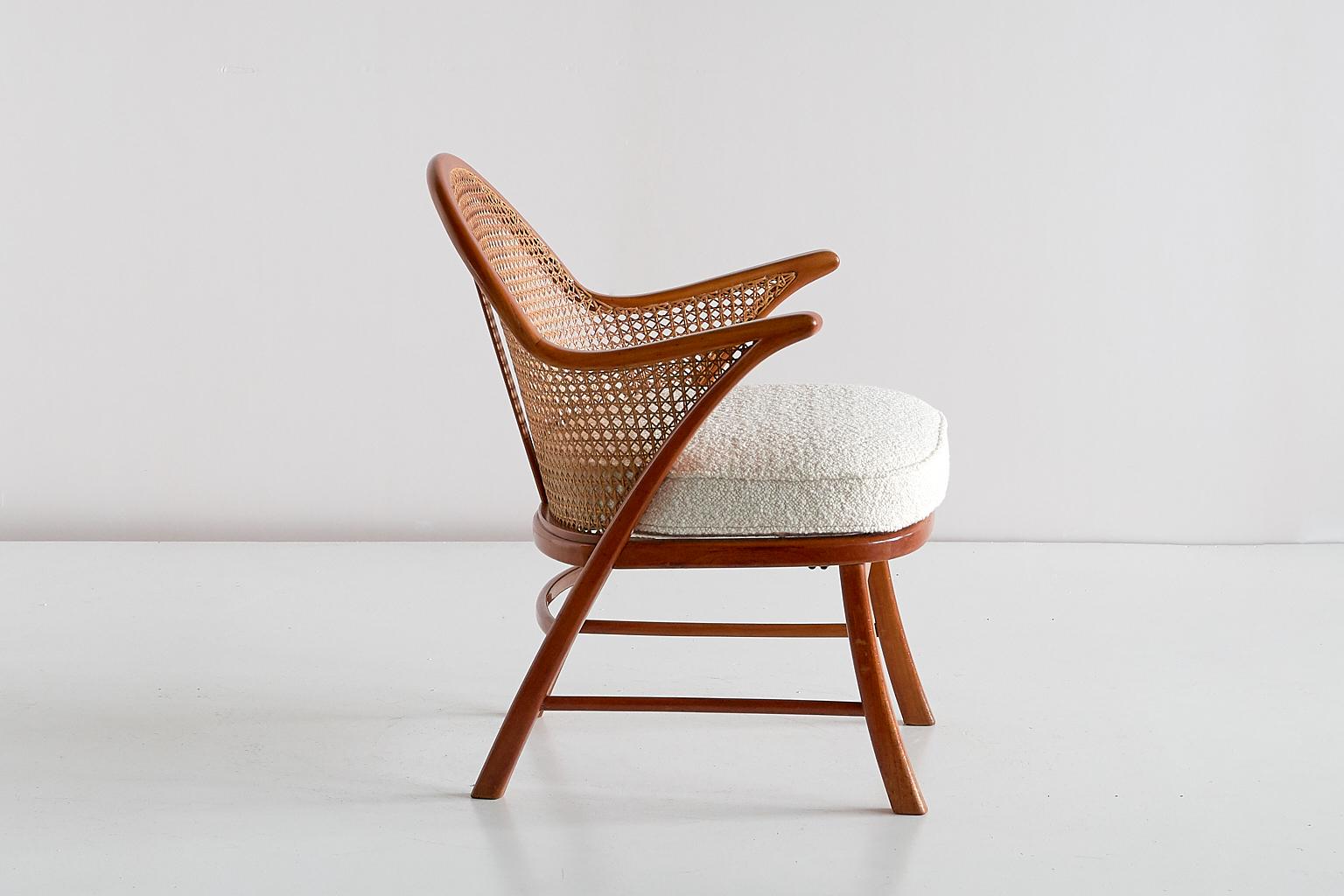 Scandinavian Modern Armchair in Beech, Cane and Dedar Bouclé, Denmark, 1950s In Good Condition In The Hague, NL