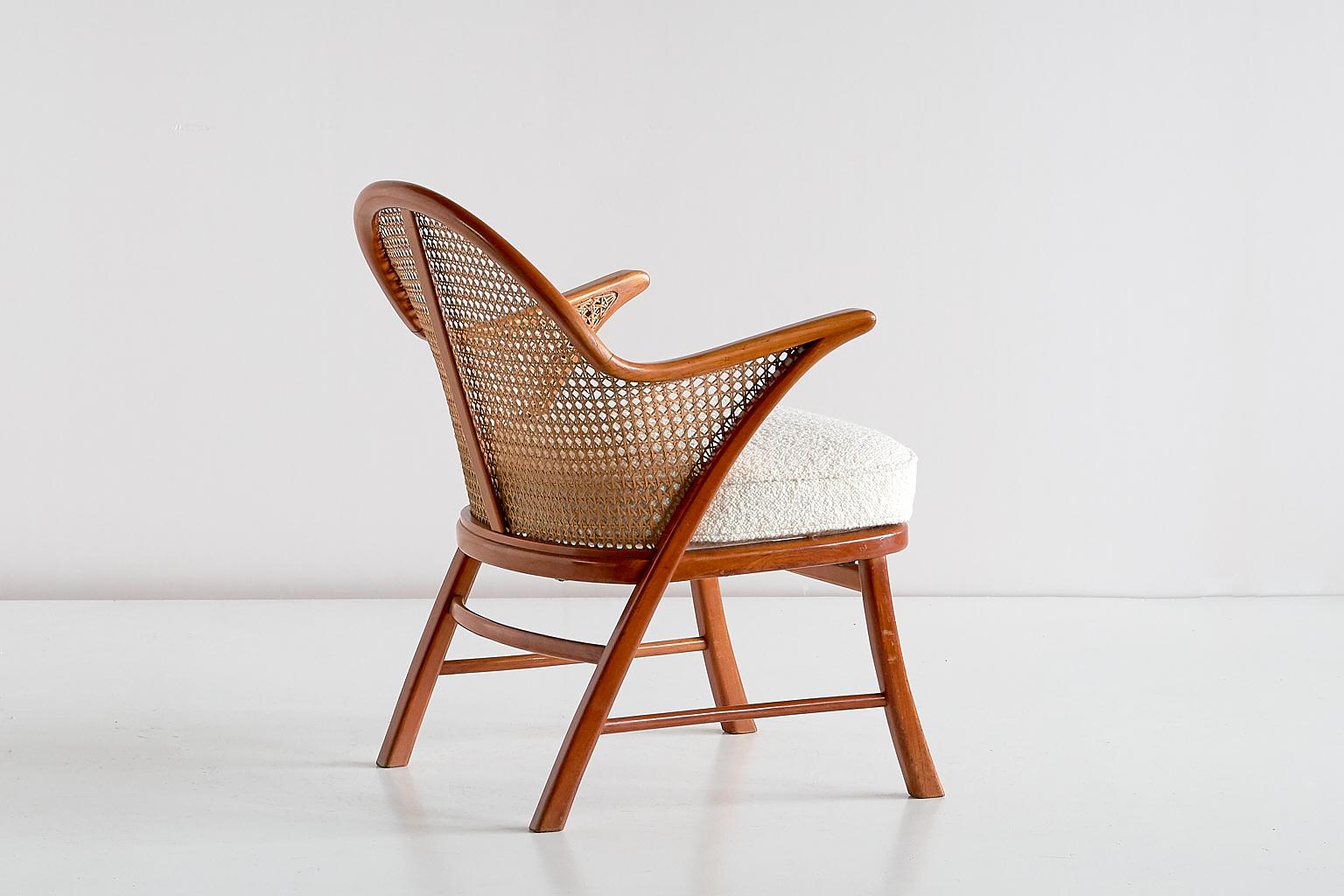 Mid-20th Century Scandinavian Modern Armchair in Beech, Cane and Dedar Bouclé, Denmark, 1950s