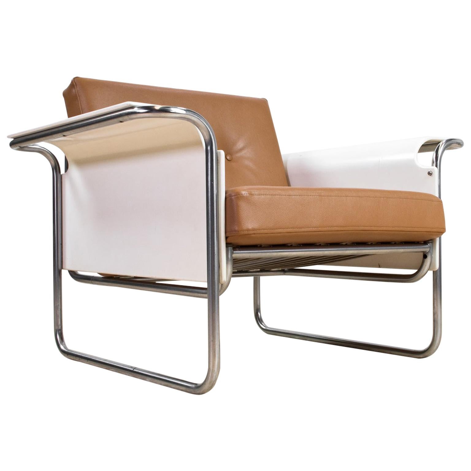 Scandinavian Modern Armchair in Faux Leather and Bent Plywood Armrests, 1950s