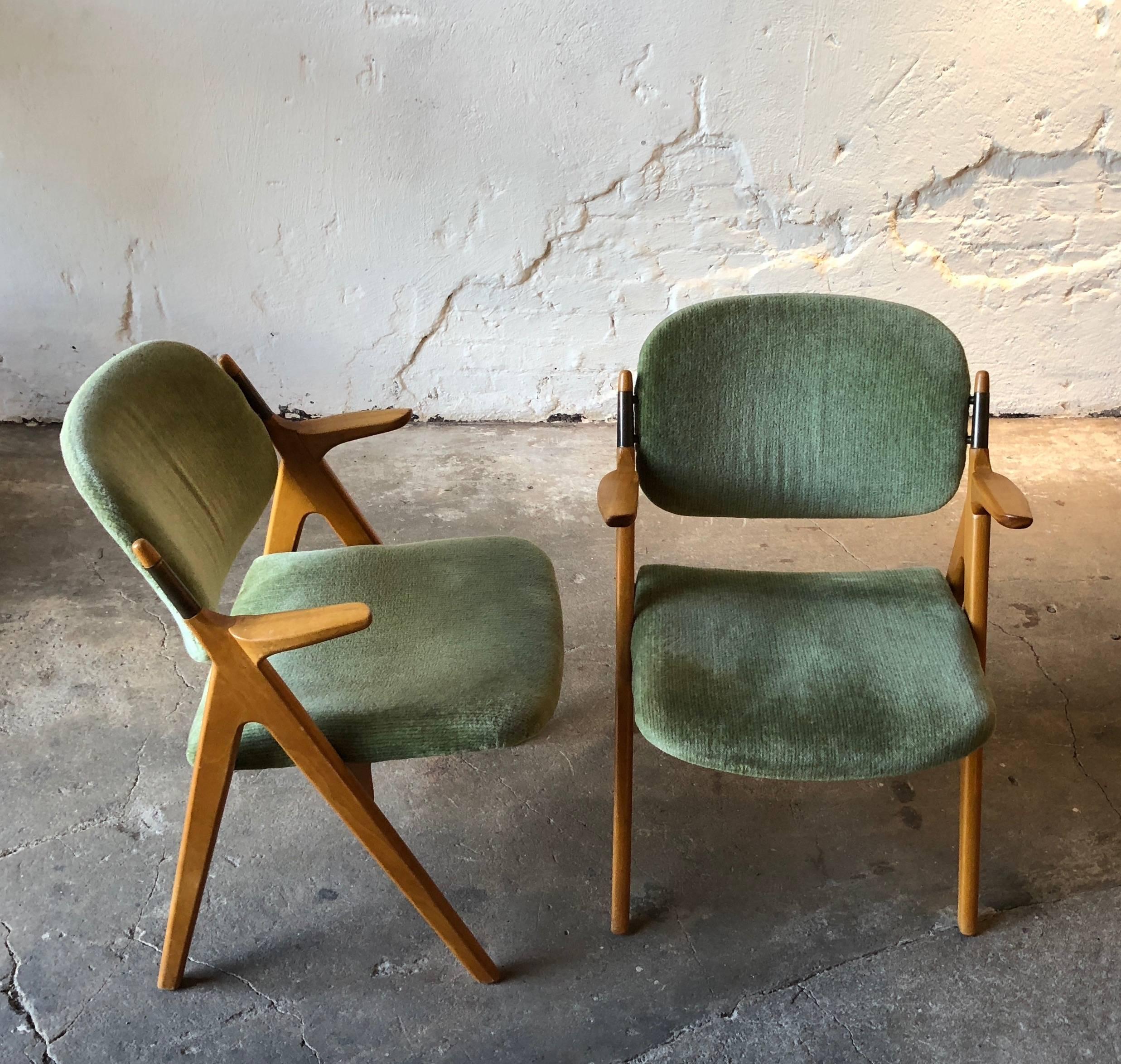 Hand-Carved Scandinavian Modern Armchairs in Birch with Original Upholstery 1950s Vintage For Sale