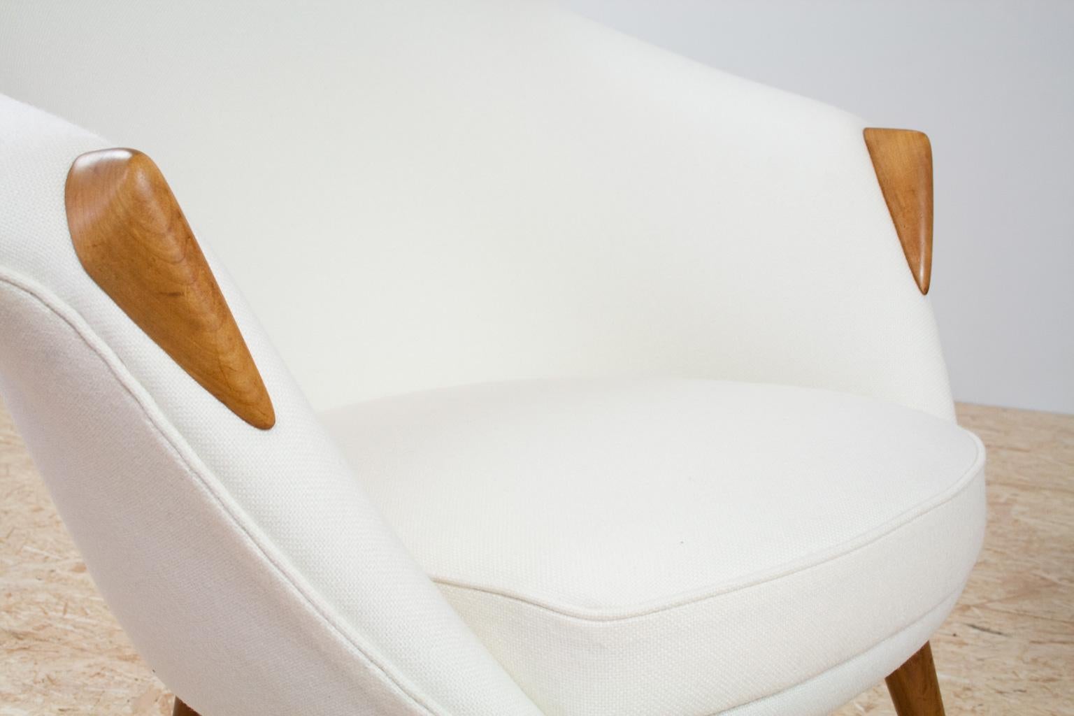 Fabric Scandinavian Modern Armchairs in Elm Reupholstered Off-White Wool, 1950s