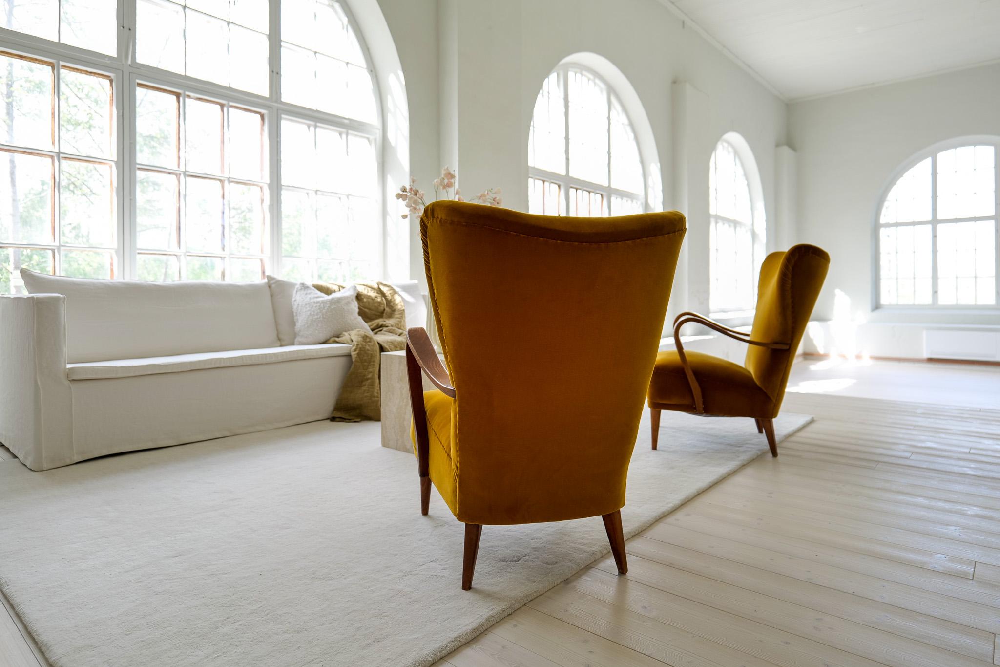 Mid-20th Century Scandinavian Modern Art Deco Lounge Chairs in Velvet Sweden 1940s For Sale