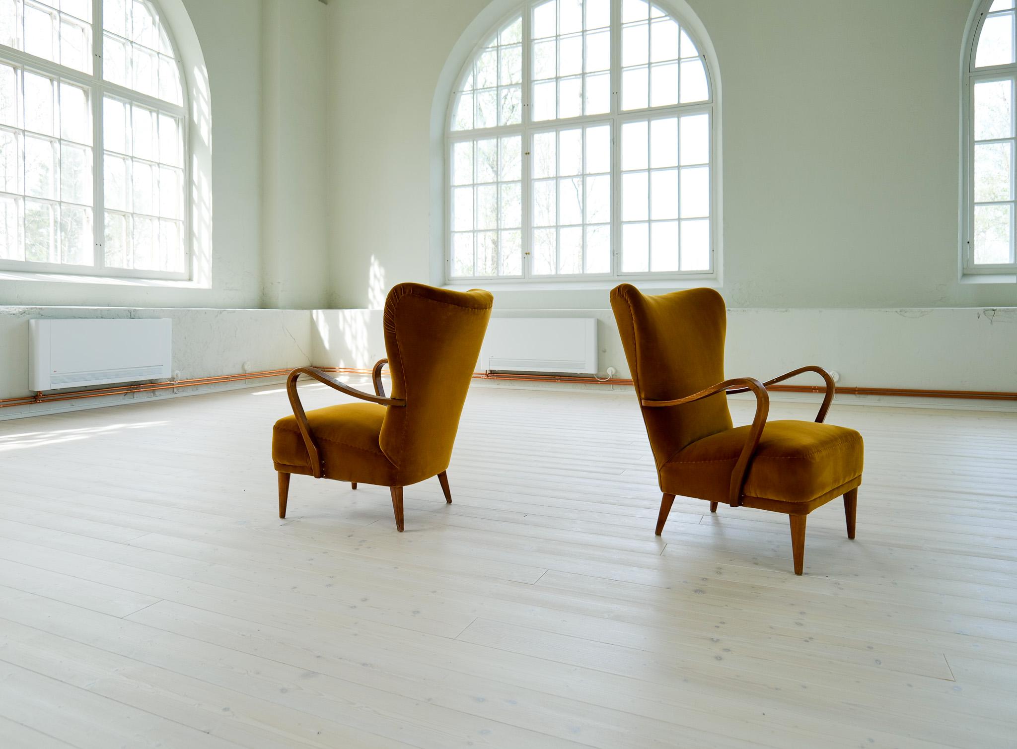 Scandinavian Modern Art Deco Lounge Chairs in Velvet Sweden 1940s For Sale 3