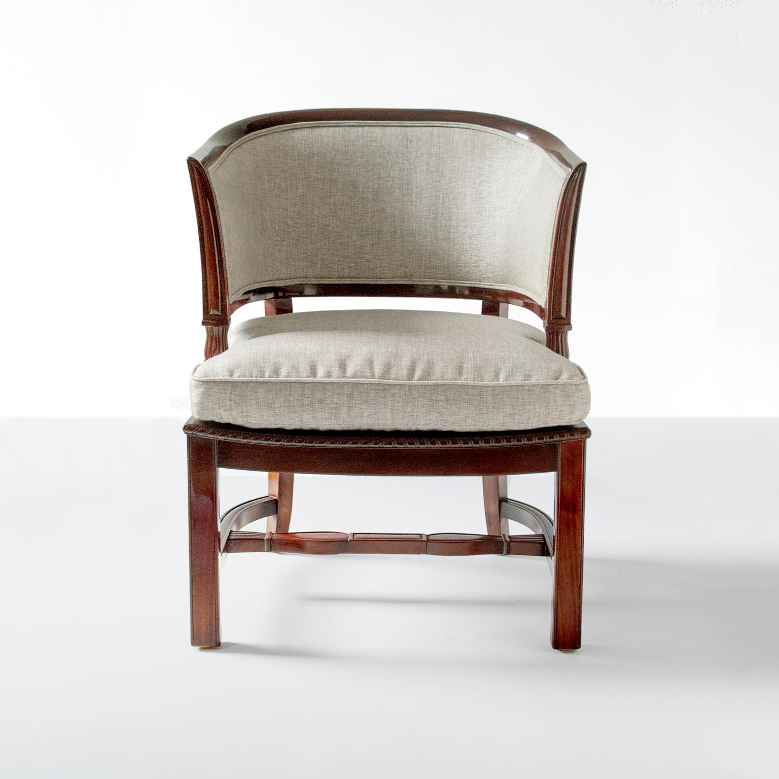 Upholstery Scandinavian Modern, Art Deco Mahogany Armchairs by G. H. Wrange, Sweden.