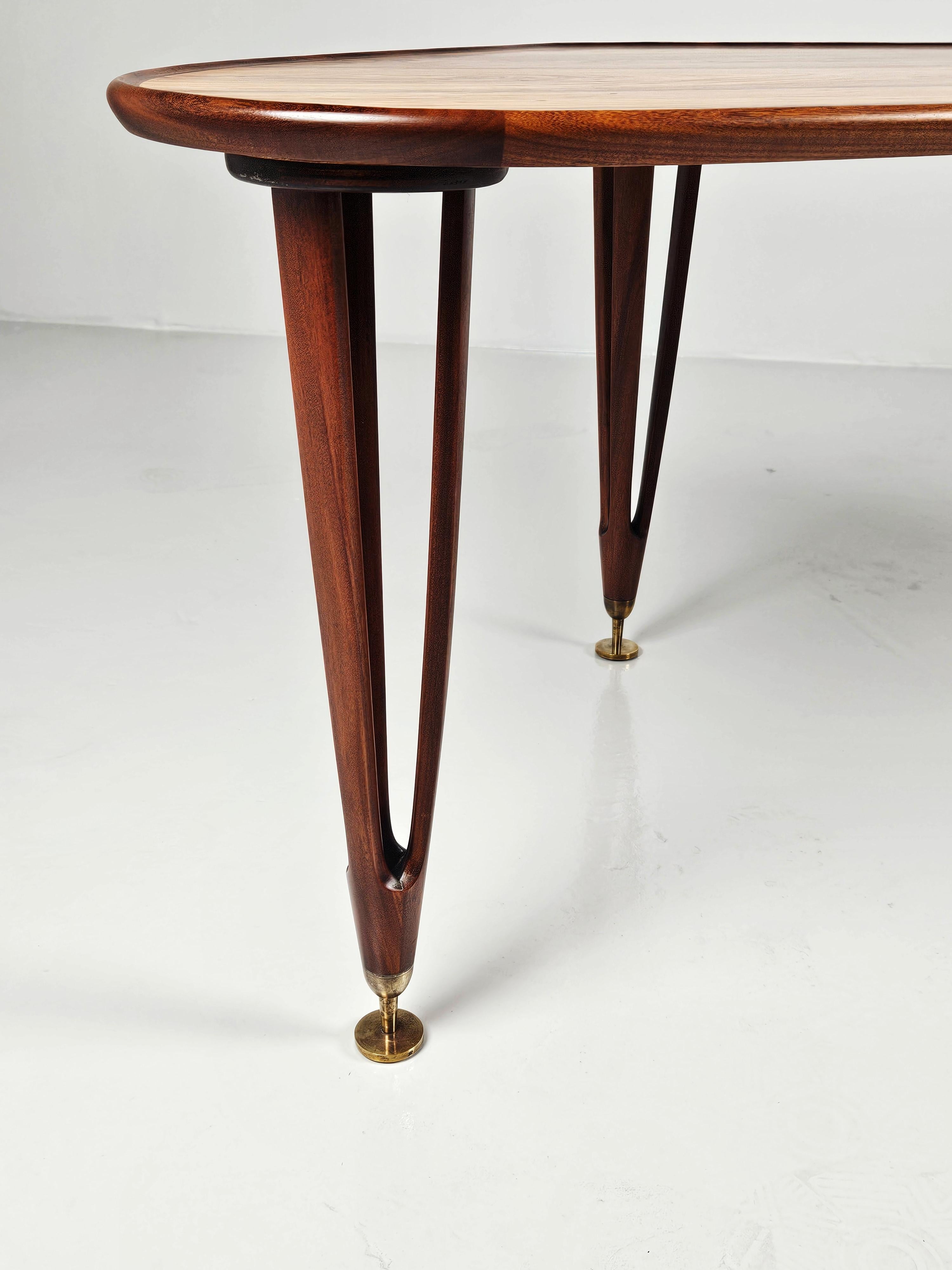 Brass Scandinavian modern asymmetric rosewood sofa table, BC Møbler, Denmark, 1960's For Sale