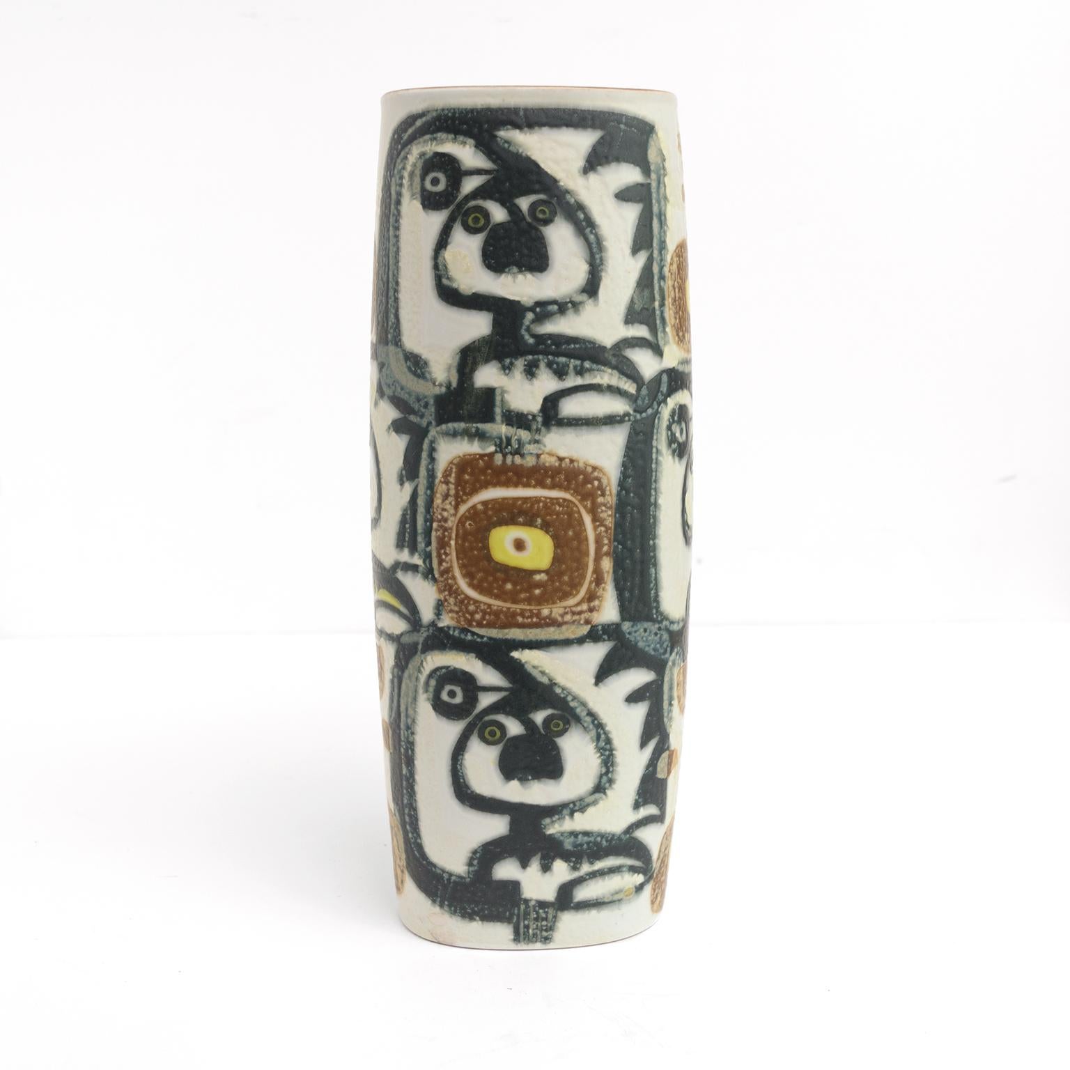 Scandinavian Modern “Baca” series abstract motif vase designed by Johanne Gerber for Royal Copenhagen Denmark in the 1960s. Rectangular in form with rounded corner allows the design to flow around the vase’s surface. 

Measures: Height: 15”.