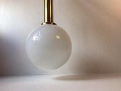 Scandinavian Modern Ball Pendant Light in Opaline Glass and Brass, 1960s