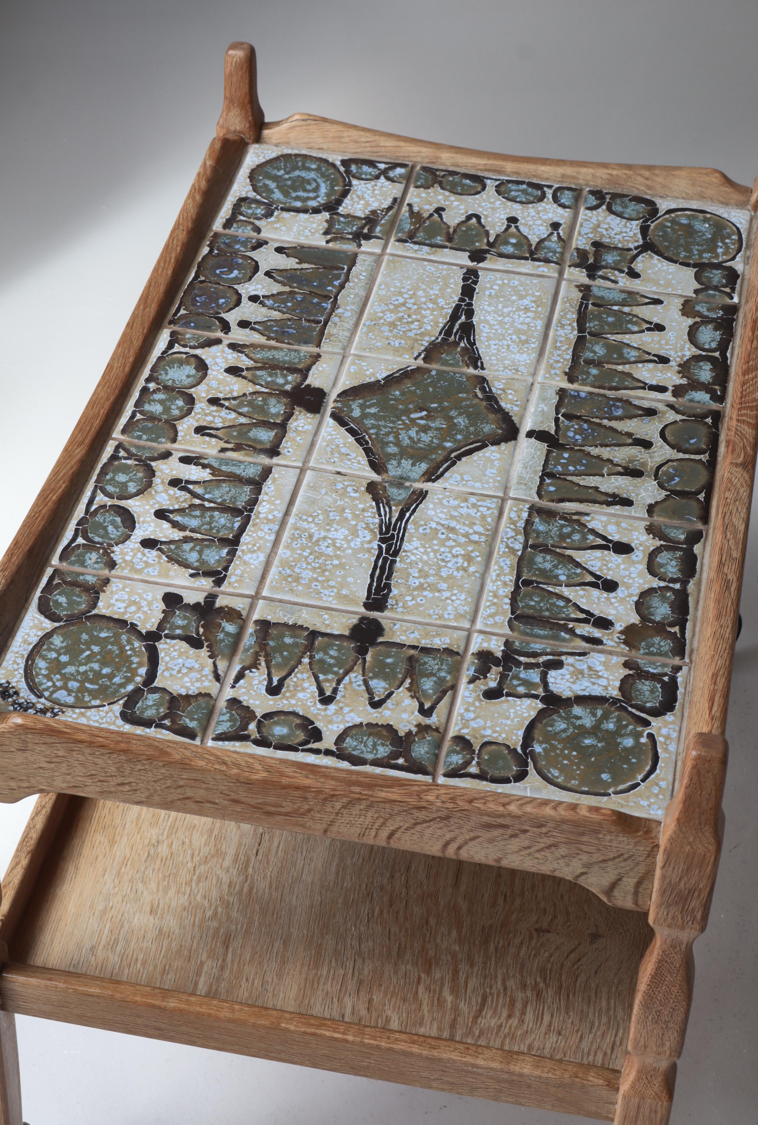 Scandinavian Modern Bar Cart in Oak & Ceramic Tiles by Henning Kjærnulf, 1960s For Sale 6