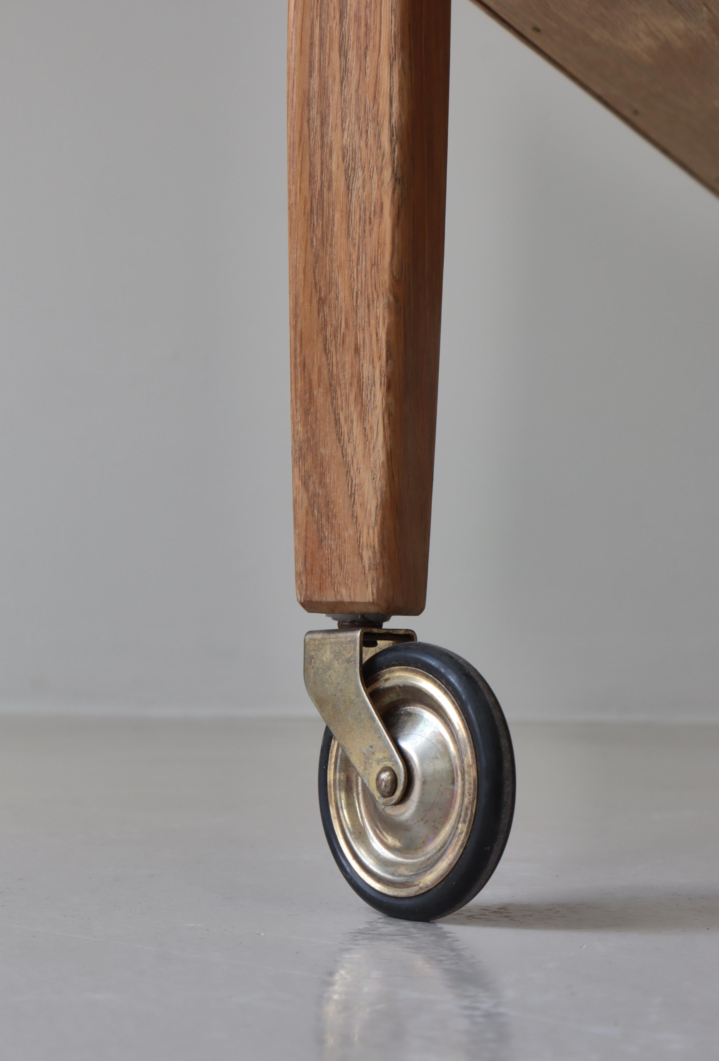 Scandinavian Modern Bar Cart in Oak & Ceramic Tiles by Henning Kjærnulf, 1960s For Sale 7
