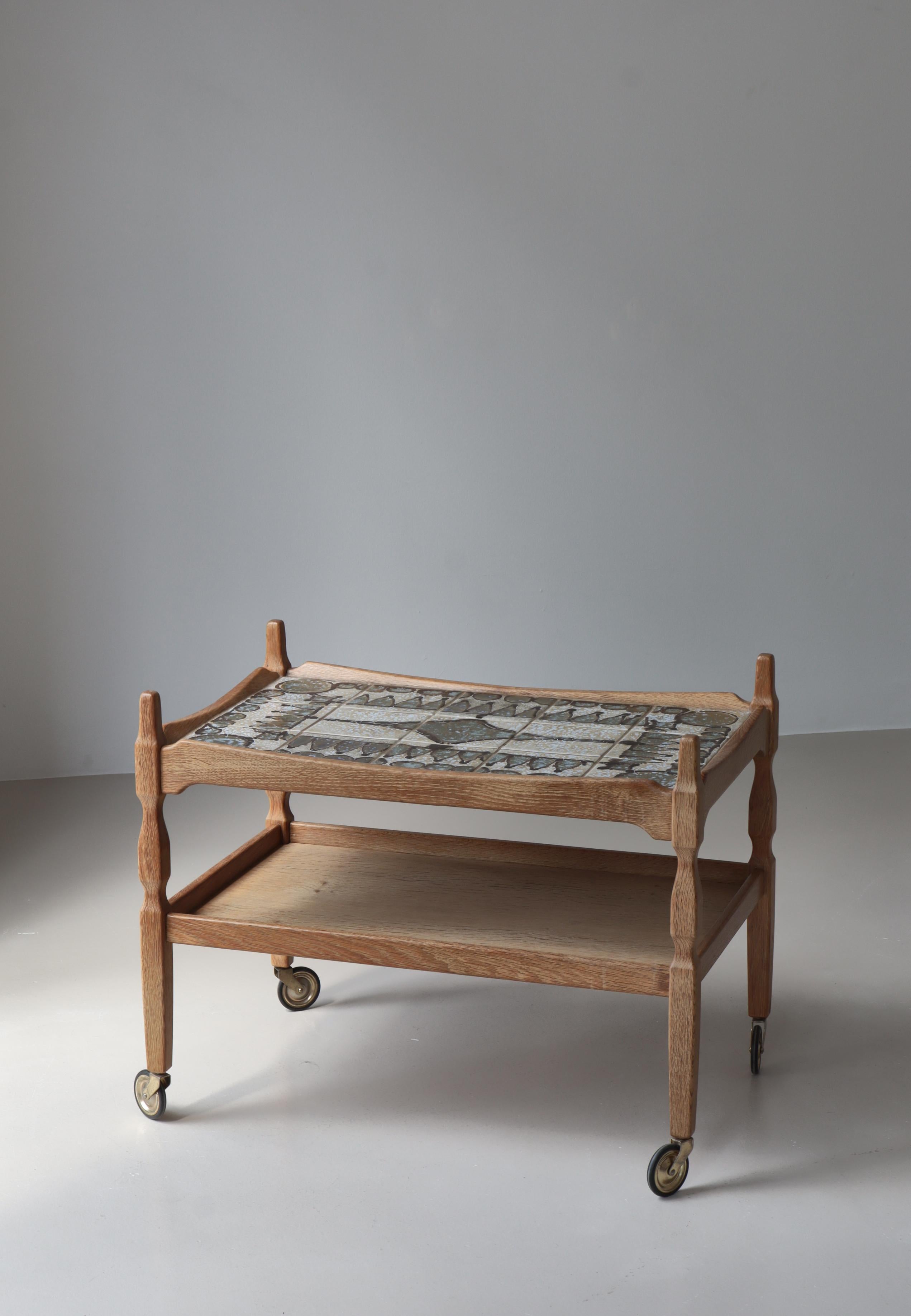 Scandinavian Modern Bar Cart in Oak & Ceramic Tiles by Henning Kjærnulf, 1960s For Sale 8