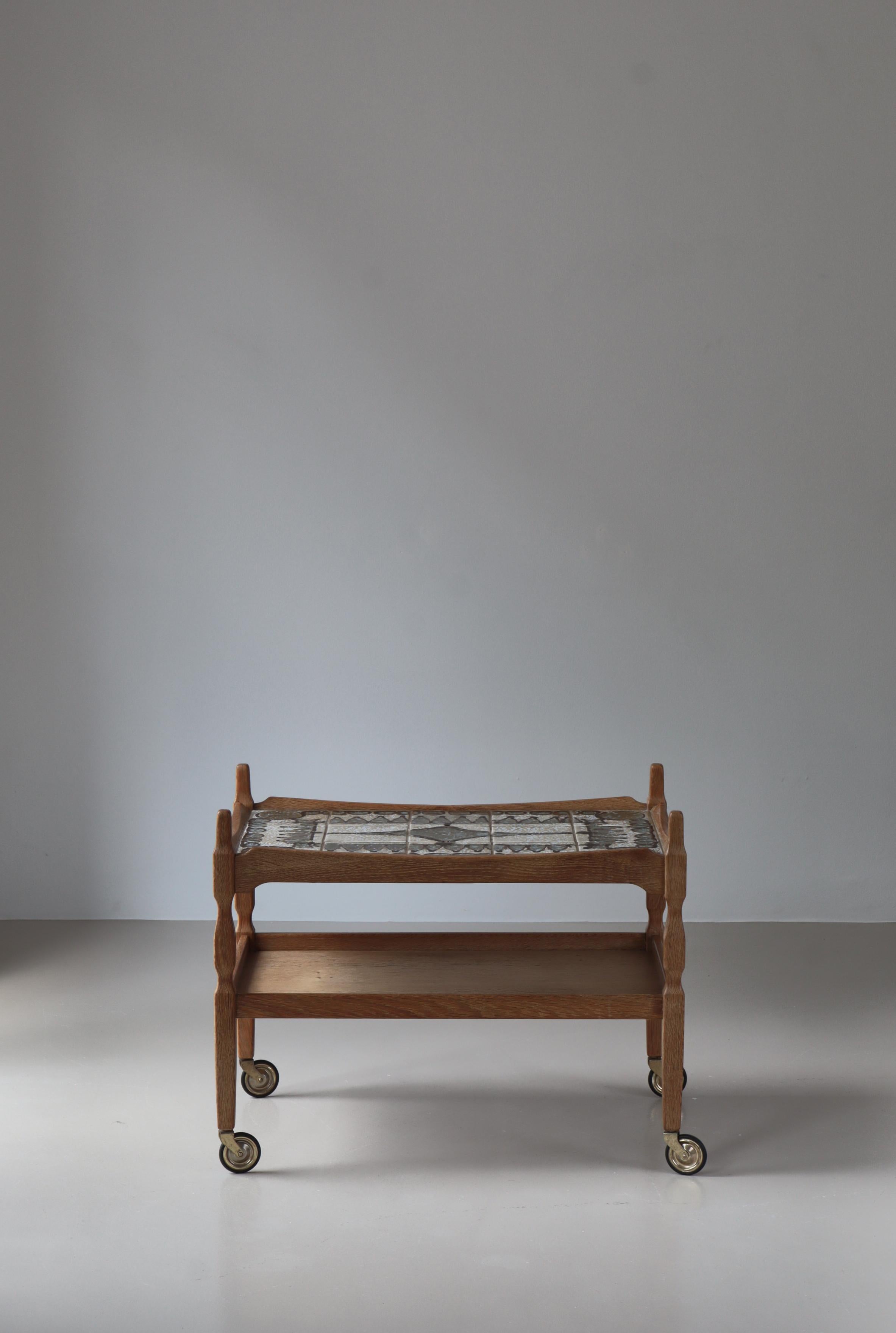 Danish Scandinavian Modern Bar Cart in Oak & Ceramic Tiles by Henning Kjærnulf, 1960s For Sale