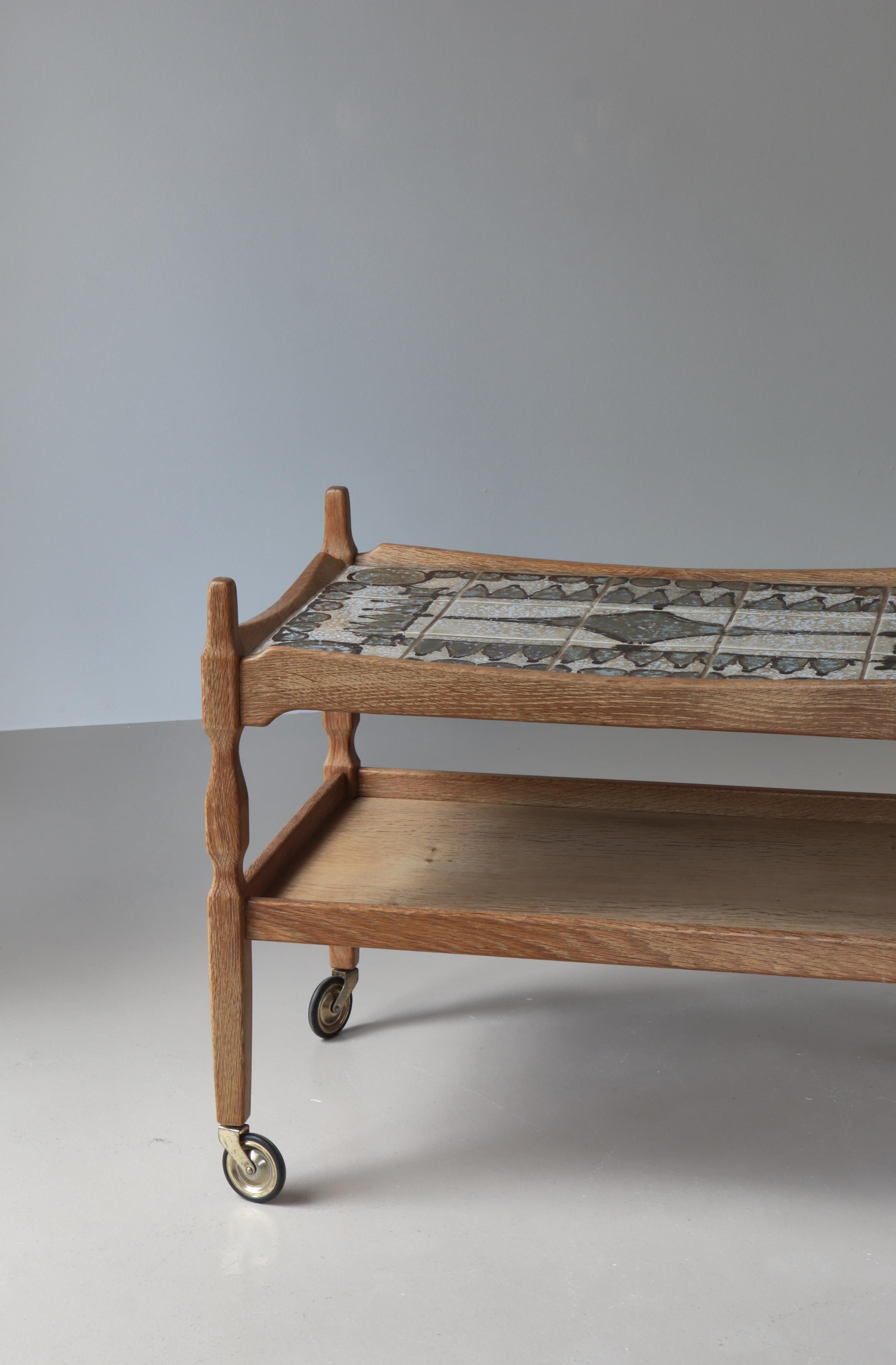 Mid-20th Century Scandinavian Modern Bar Cart in Oak & Ceramic Tiles by Henning Kjærnulf, 1960s For Sale