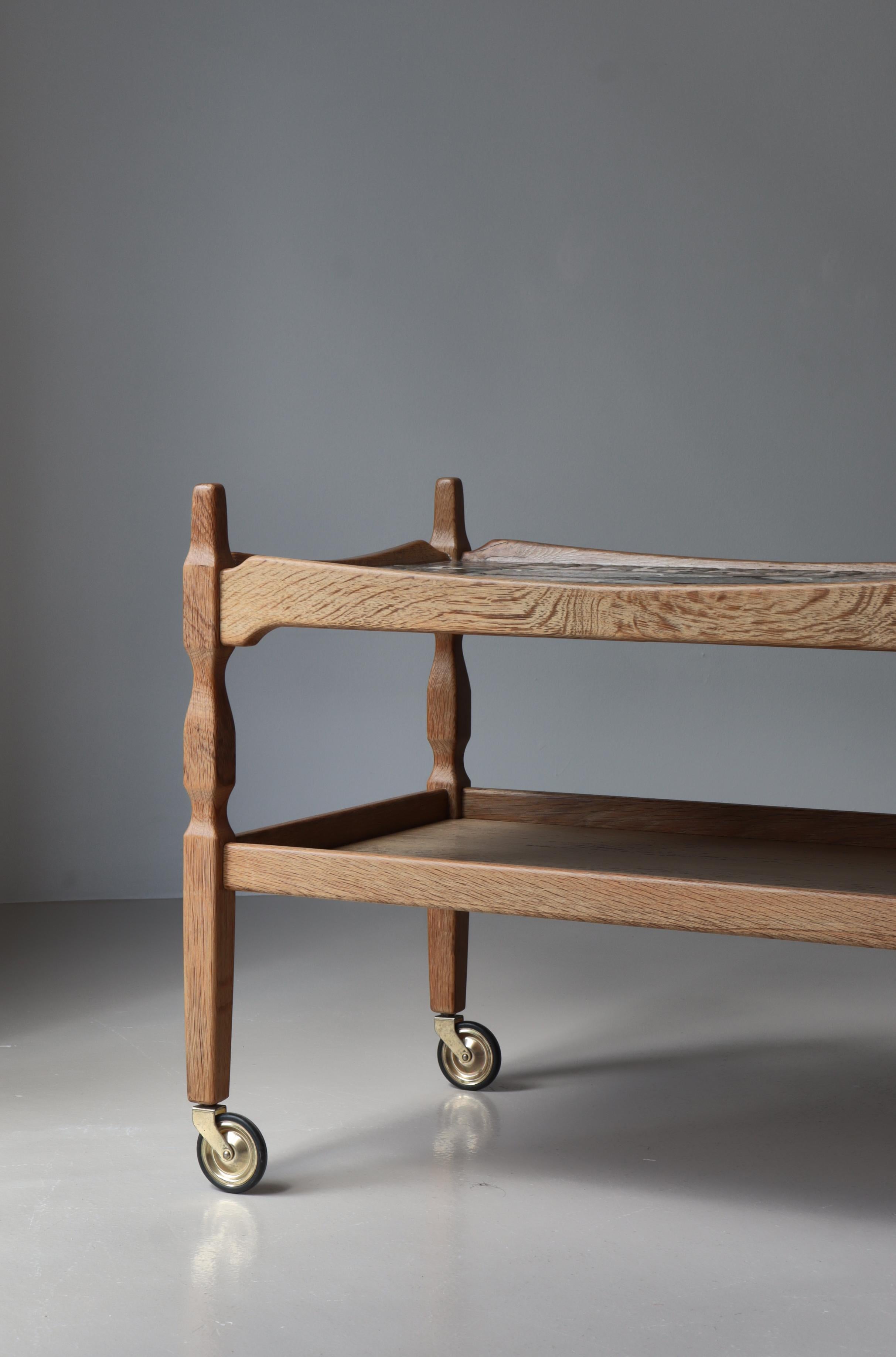 Stoneware Scandinavian Modern Bar Cart in Oak & Ceramic Tiles by Henning Kjærnulf, 1960s For Sale