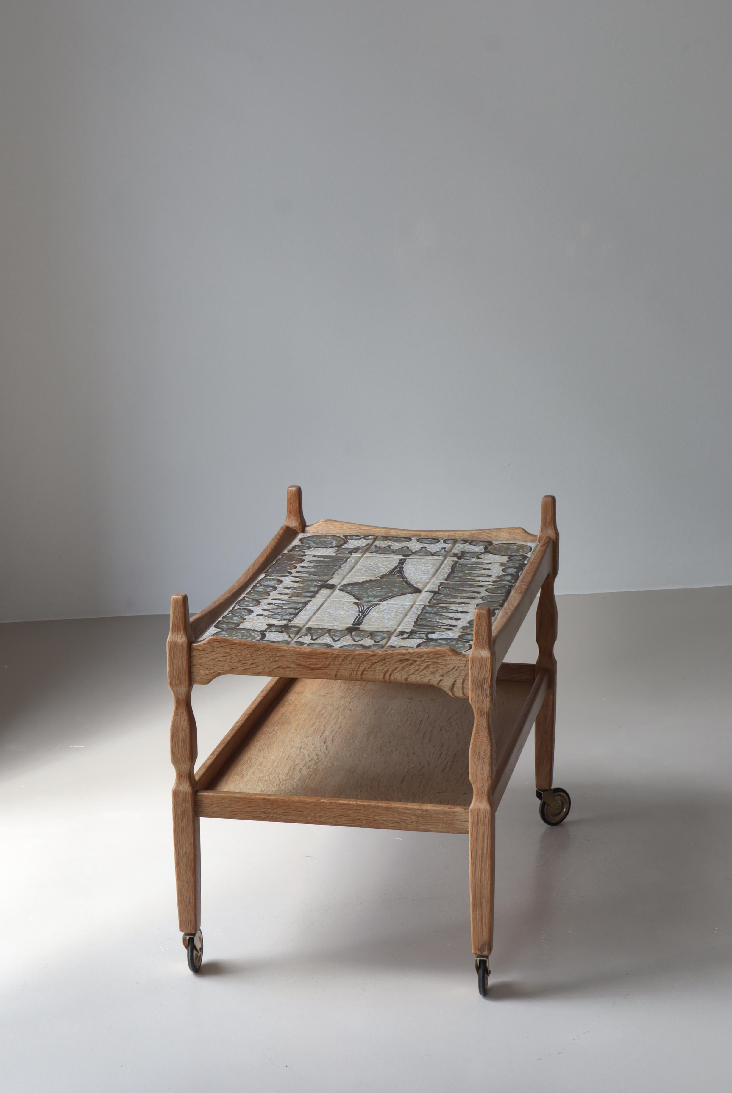 Scandinavian Modern Bar Cart in Oak & Ceramic Tiles by Henning Kjærnulf, 1960s For Sale 1