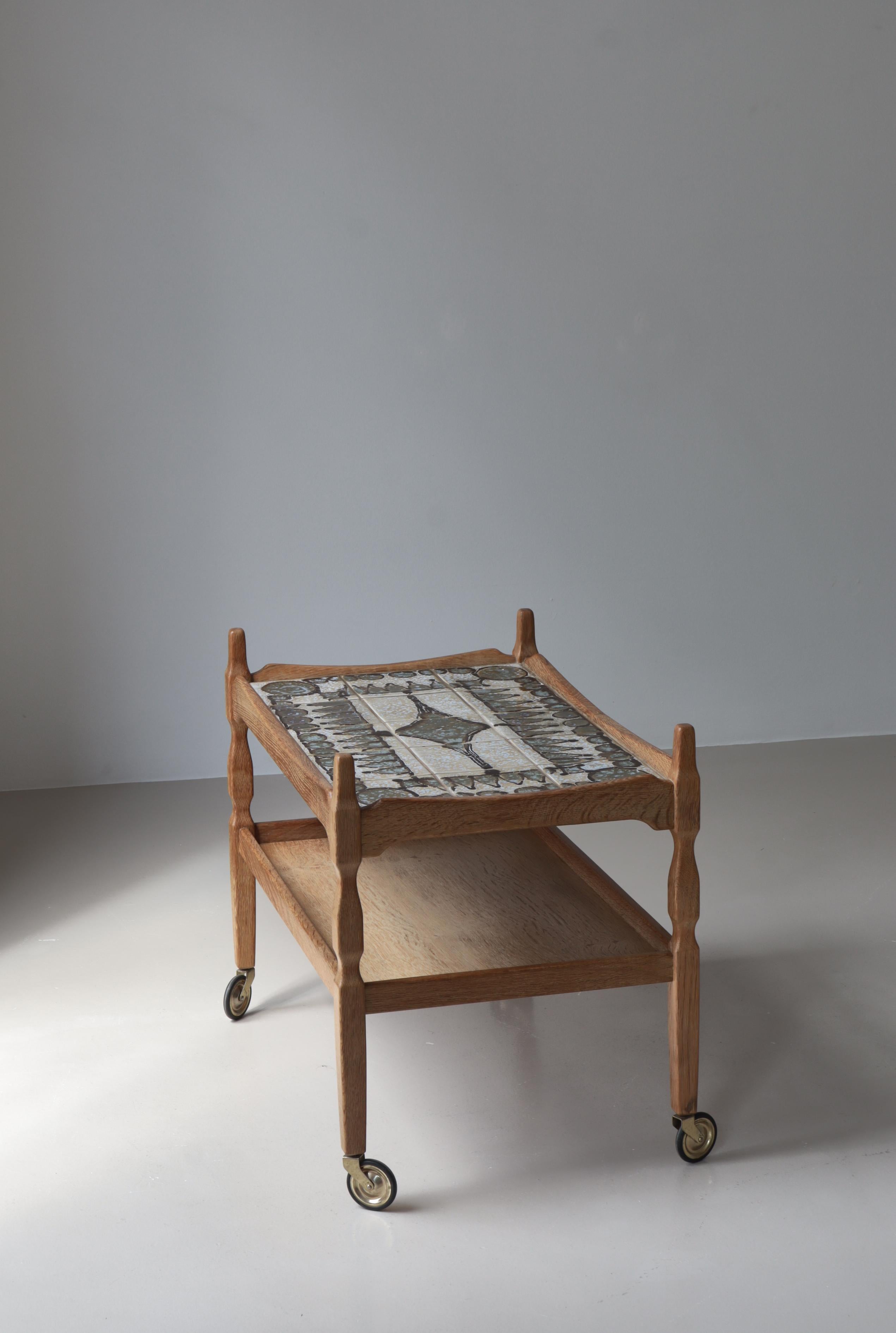 Scandinavian Modern Bar Cart in Oak & Ceramic Tiles by Henning Kjærnulf, 1960s For Sale 2