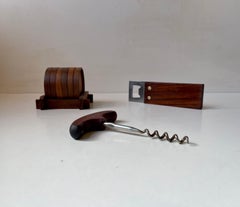 Scandinavian Modern Bar Set: corkscrew, bottle opener and Drink Coasters in Teak