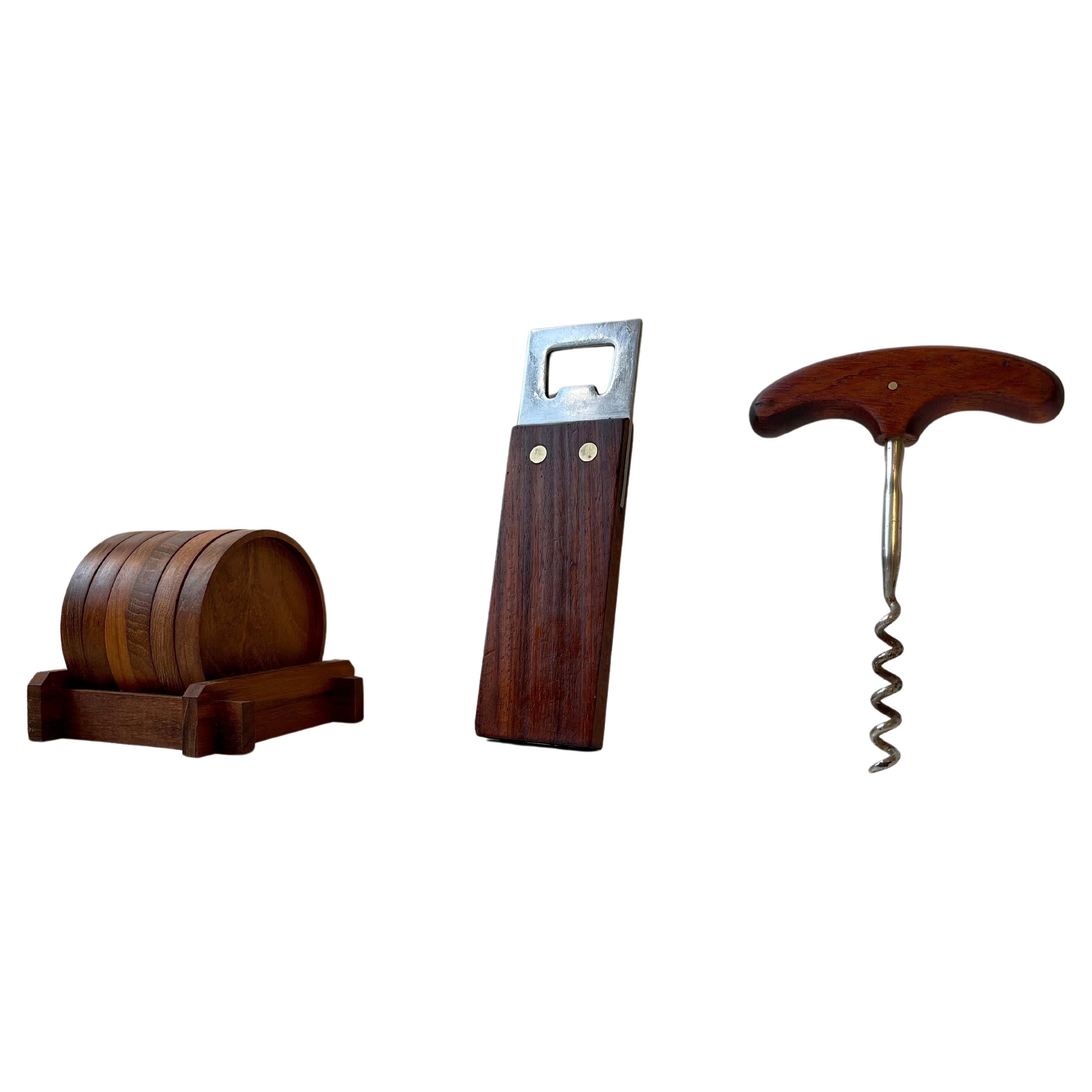 Scandinavian Modern Bar Set: corkscrew, bottle opener and Drink Coasters in Teak