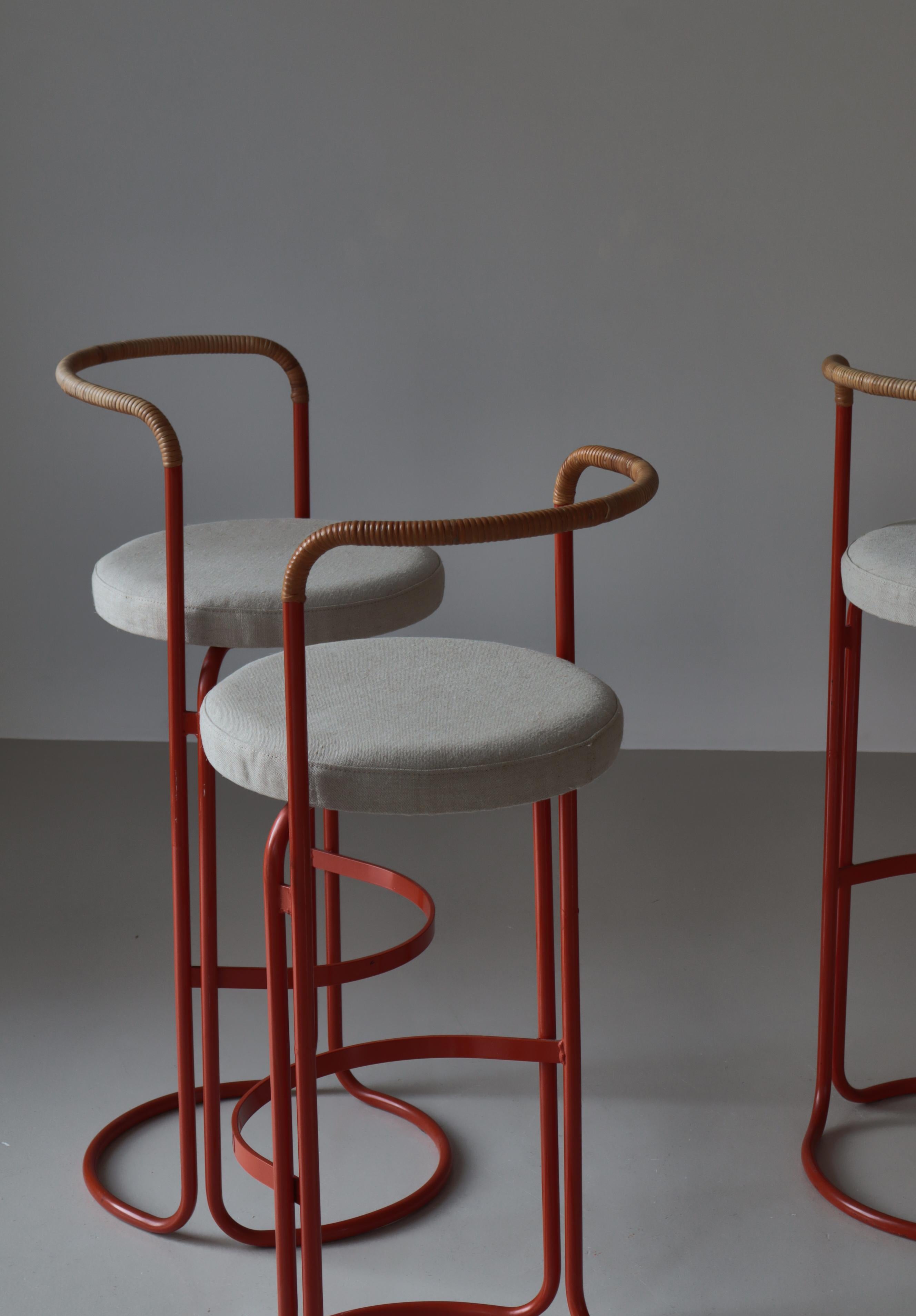 Scandinavian Modern Bar Stools Canvas & Rattan Cane by Poul Nørreklit, 1960s For Sale 8