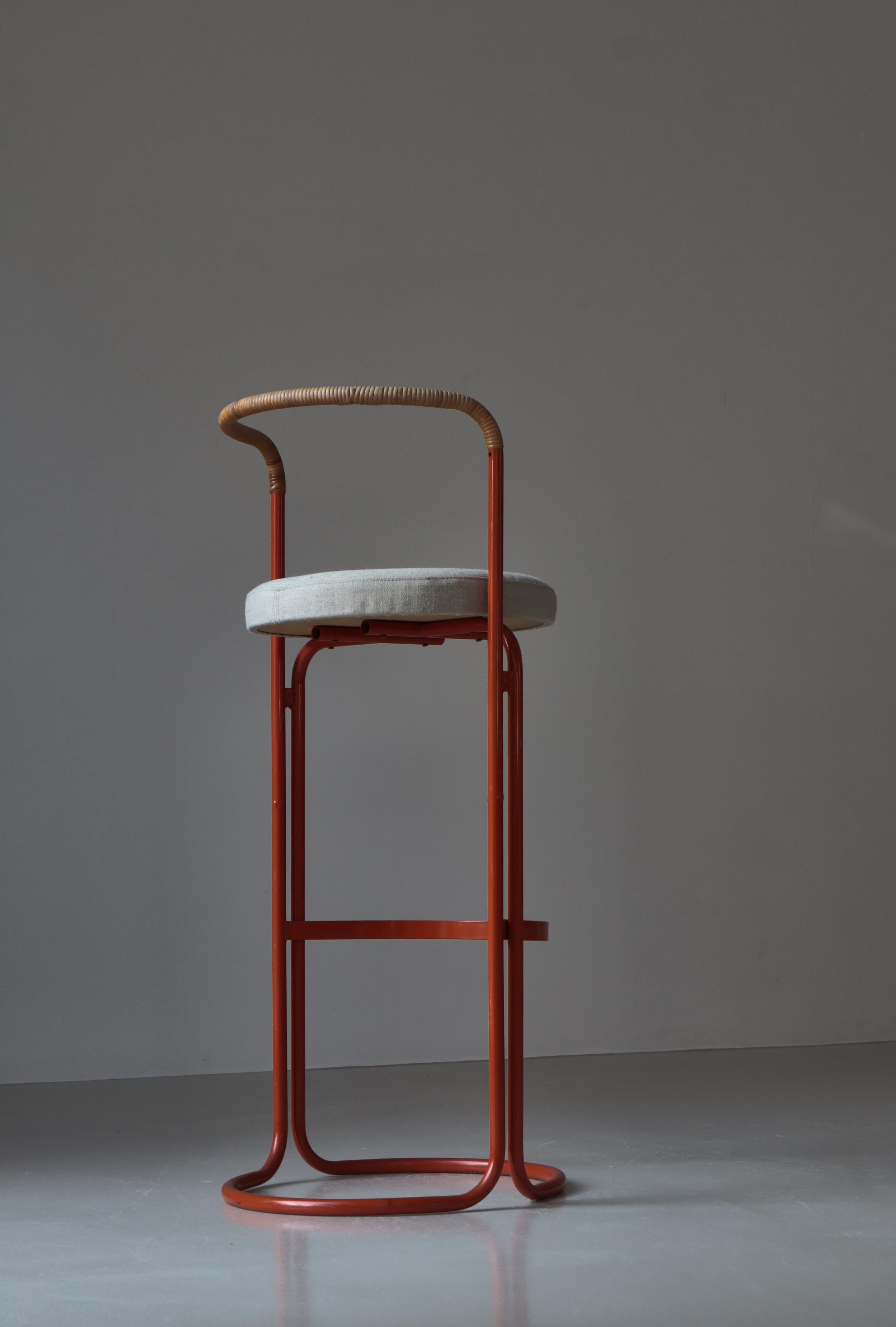 Scandinavian Modern Bar Stools Canvas & Rattan Cane by Poul Nørreklit, 1960s For Sale 10