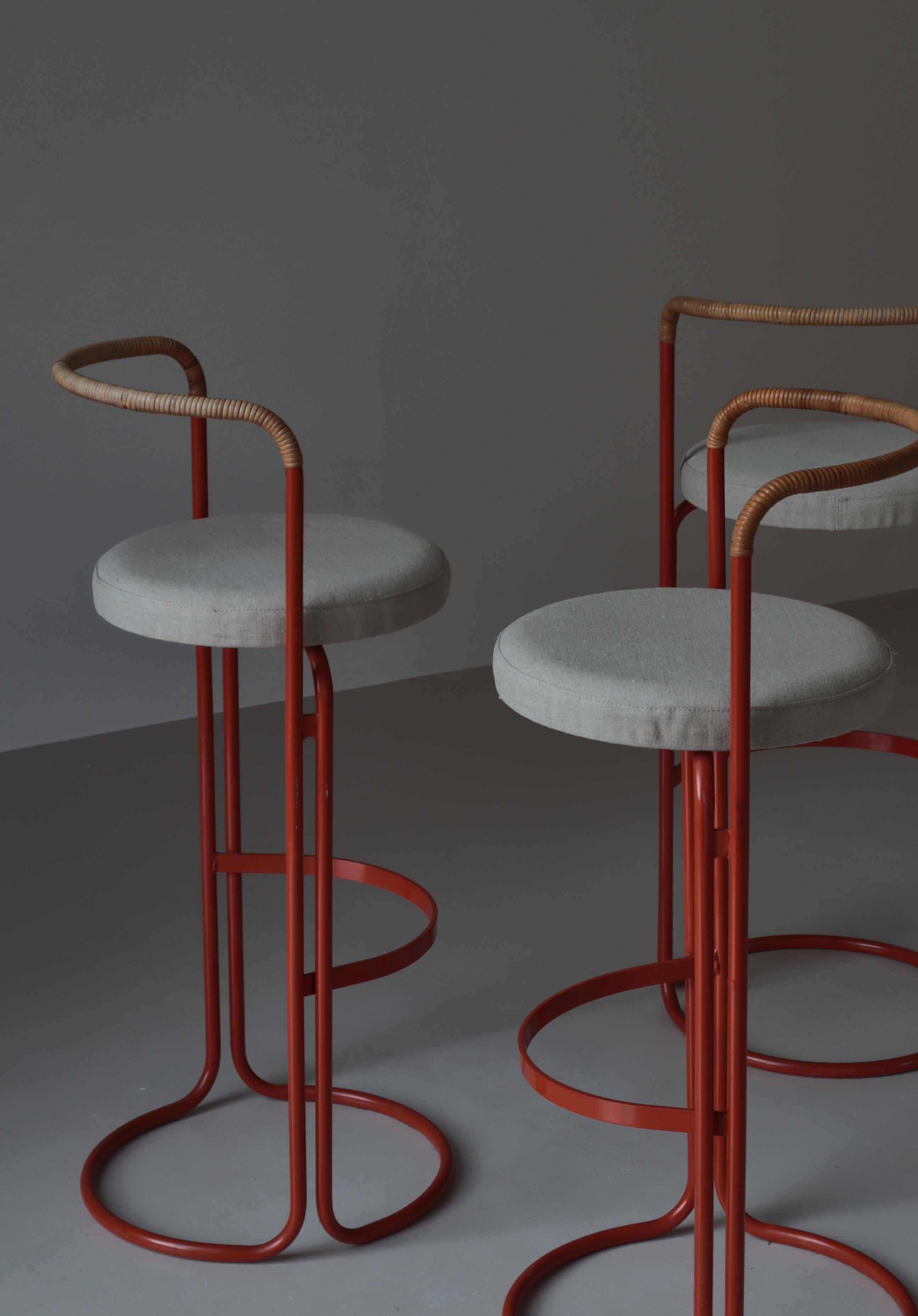 Scandinavian Modern Bar Stools Canvas & Rattan Cane by Poul Nørreklit, 1960s In Good Condition For Sale In Odense, DK