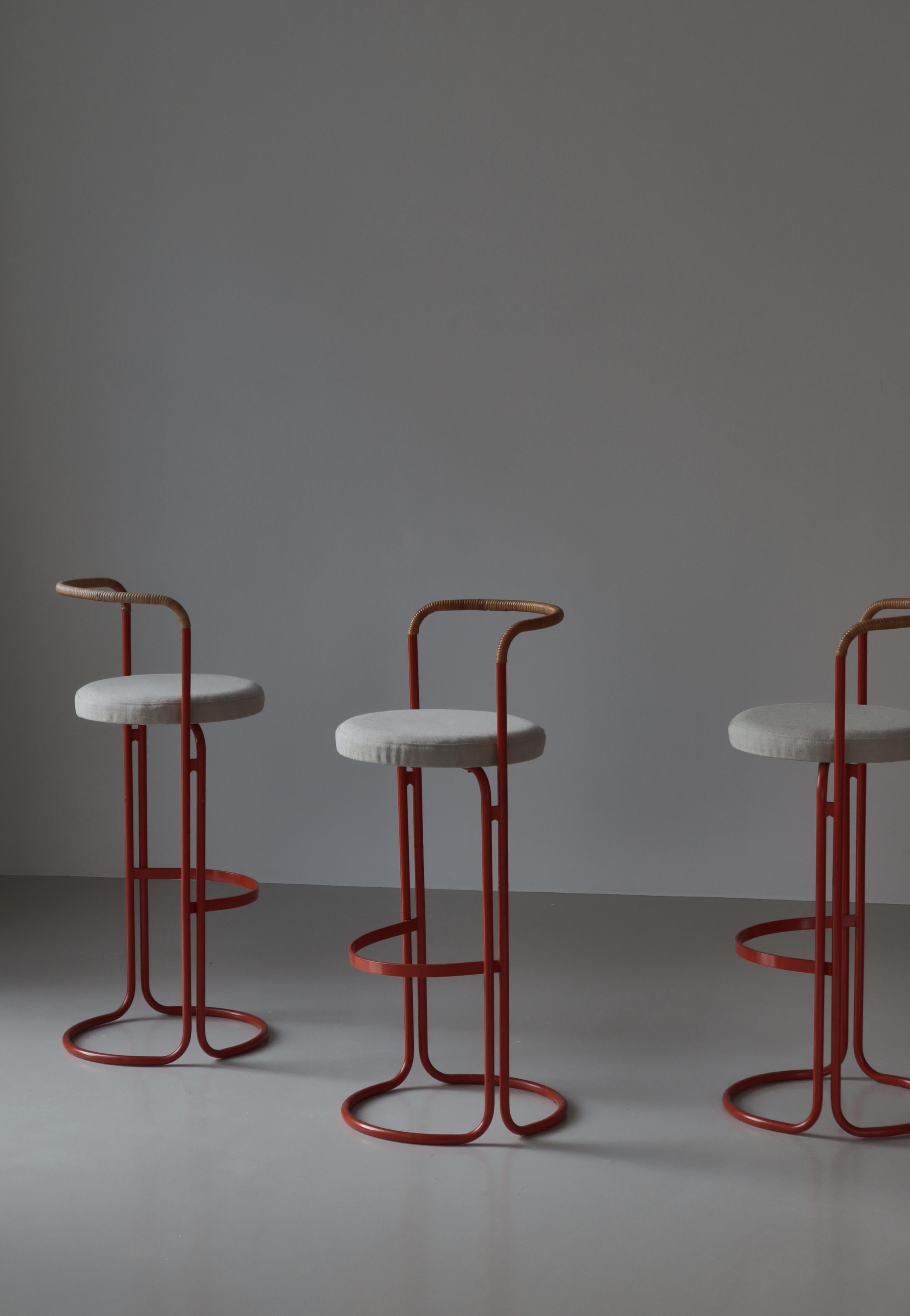 Mid-20th Century Scandinavian Modern Bar Stools Canvas & Rattan Cane by Poul Nørreklit, 1960s For Sale