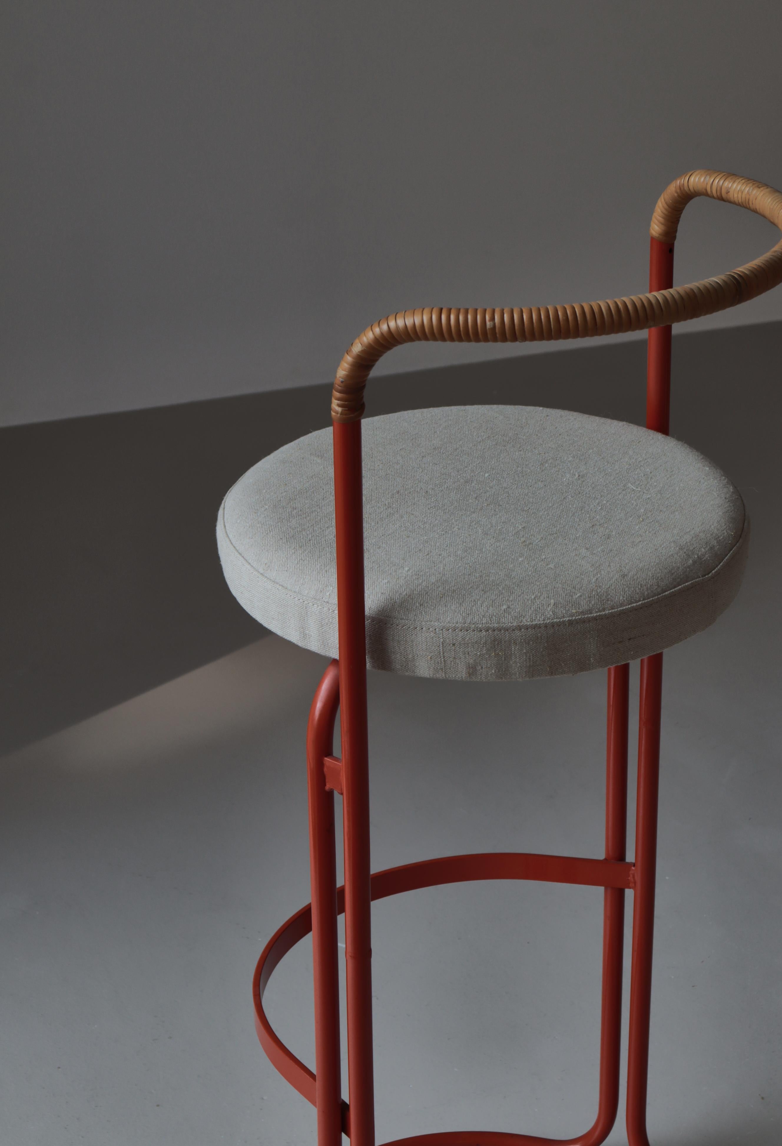 Scandinavian Modern Bar Stools Canvas & Rattan Cane by Poul Nørreklit, 1960s For Sale 1