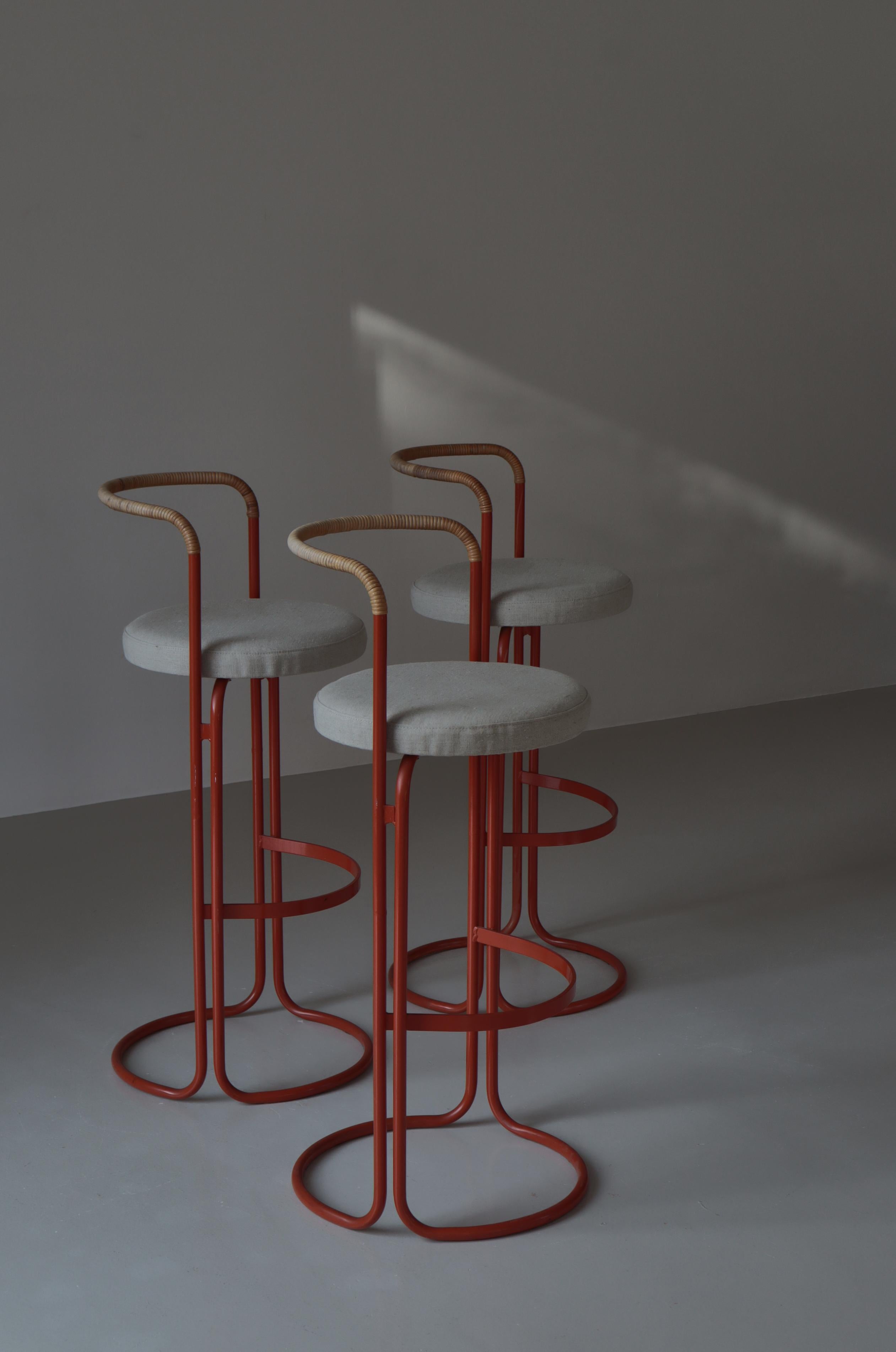 Scandinavian Modern Bar Stools Canvas & Rattan Cane by Poul Nørreklit, 1960s For Sale 2
