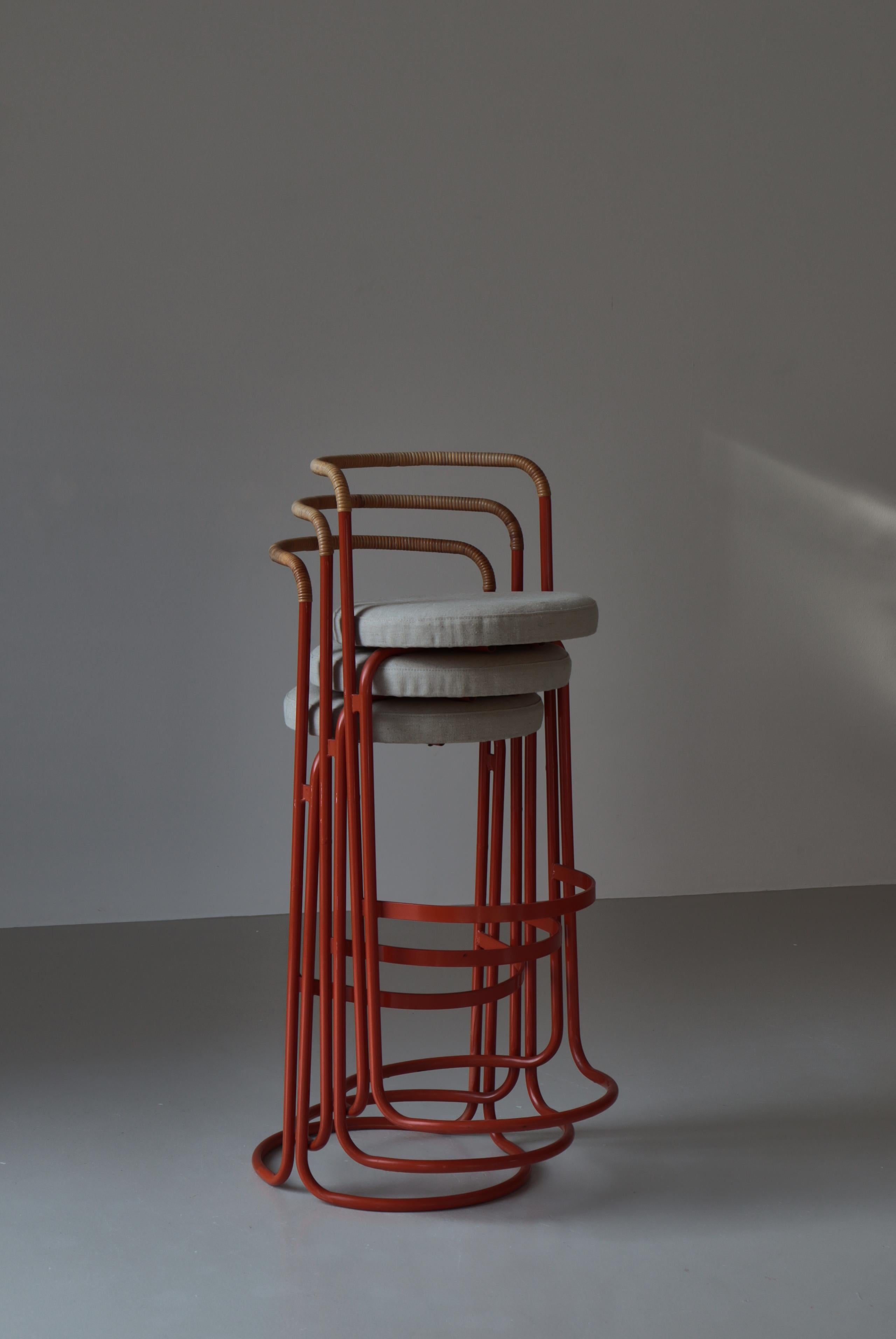 Scandinavian Modern Bar Stools Canvas & Rattan Cane by Poul Nørreklit, 1960s For Sale 4