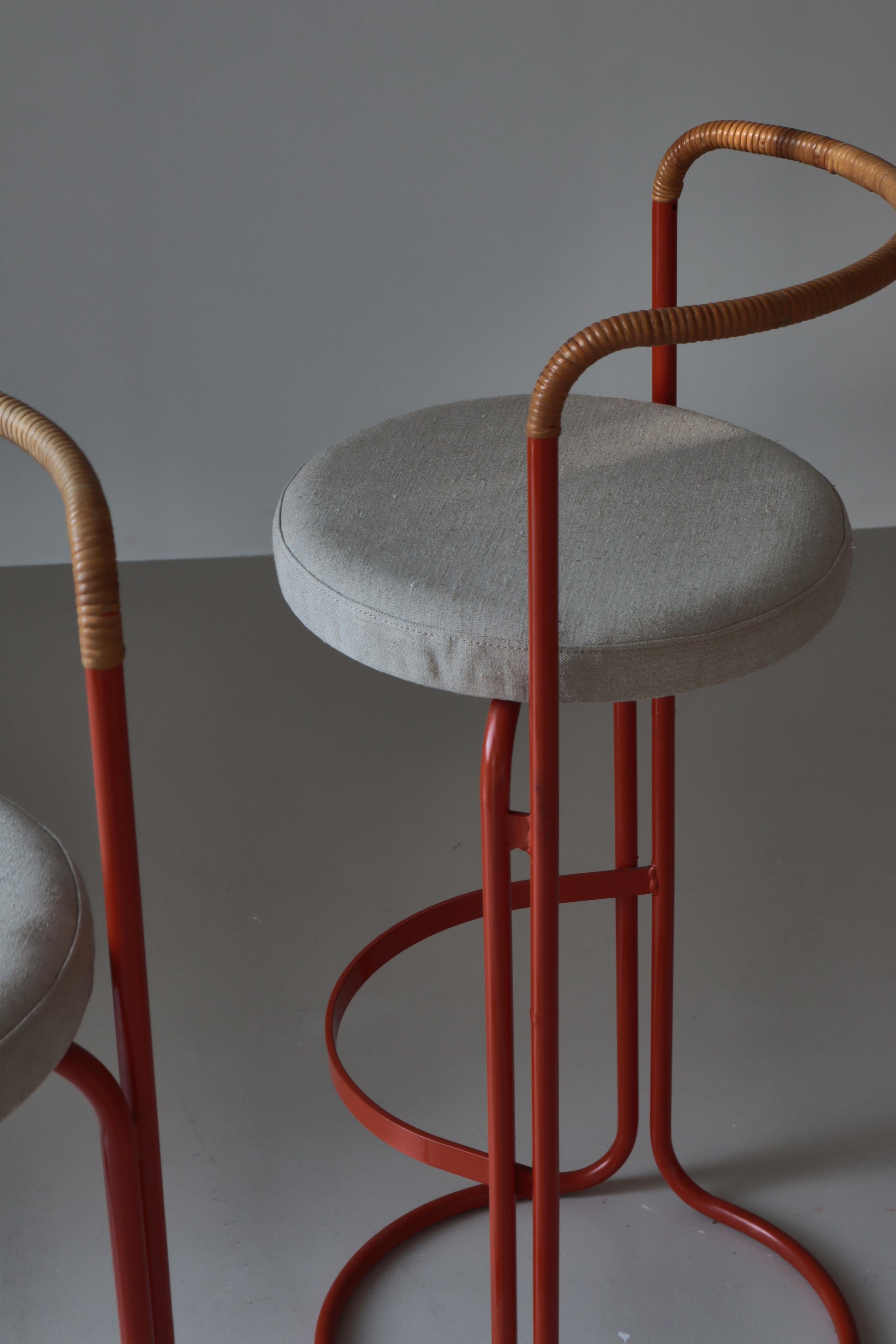 Scandinavian Modern Bar Stools Canvas & Rattan Cane by Poul Nørreklit, 1960s For Sale 5