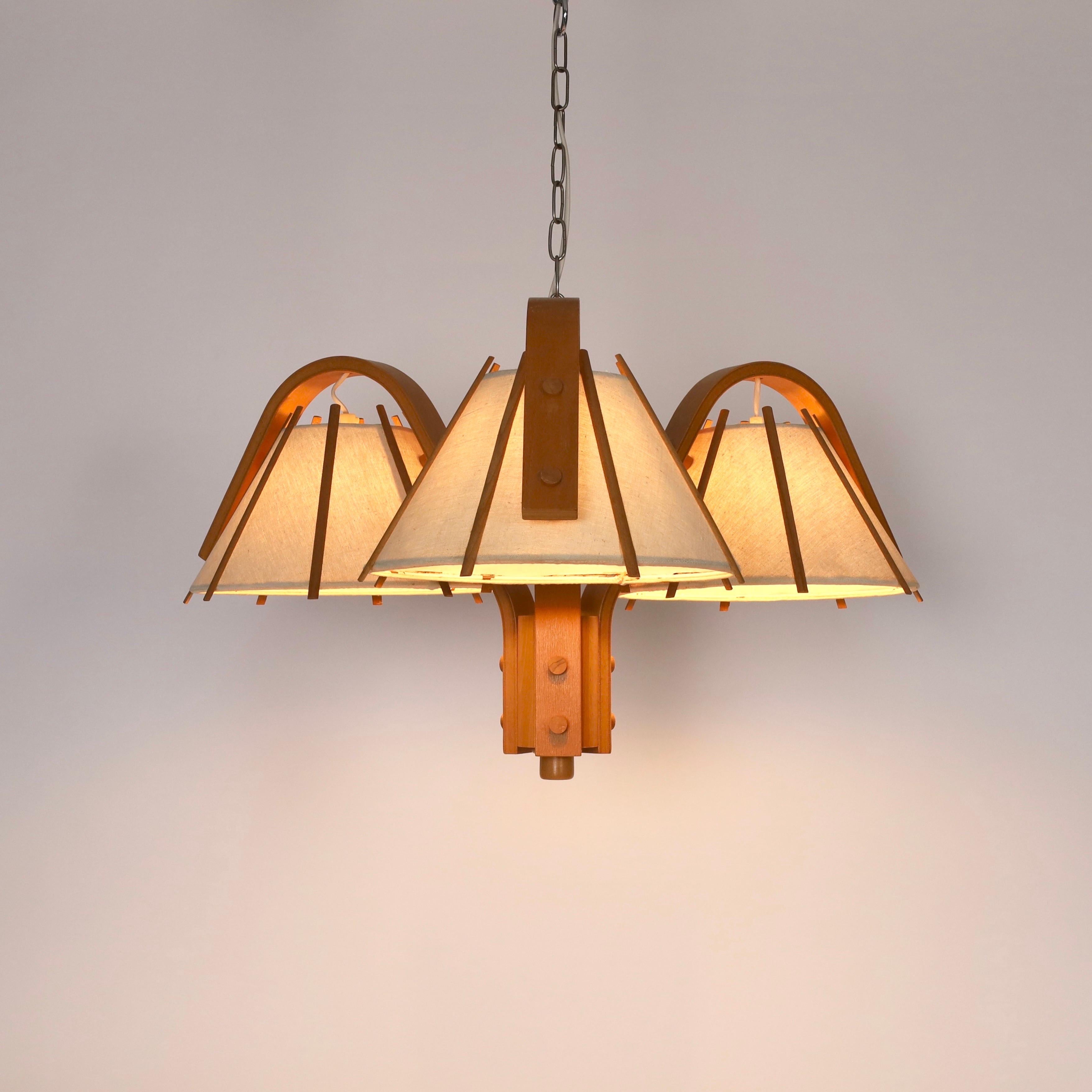 Danish Scandinavian Modern Beech wood Chandelier by Jan Wickelgren, 1970s, Sweden For Sale