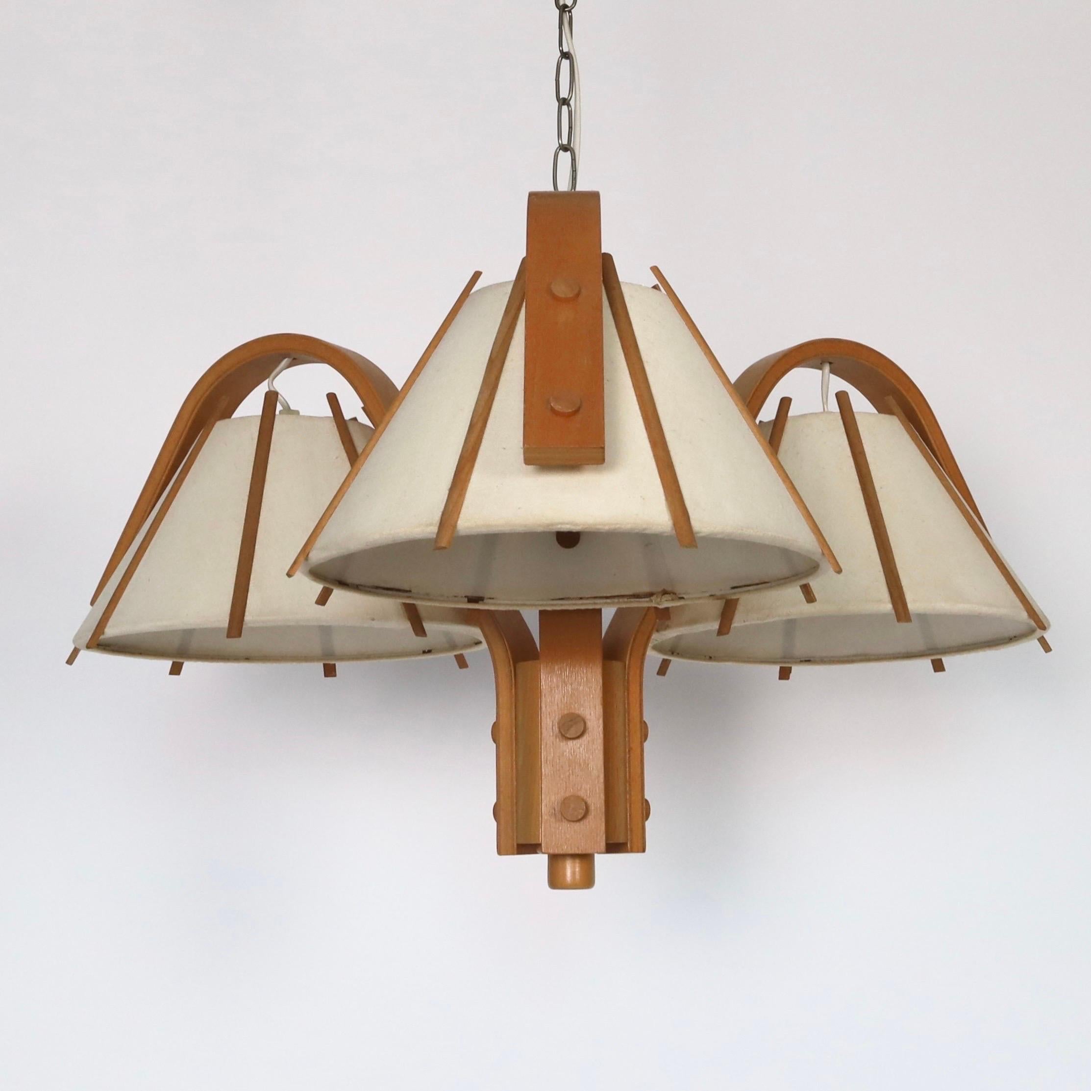 Fabric Scandinavian Modern Beech wood Chandelier by Jan Wickelgren, 1970s, Sweden For Sale