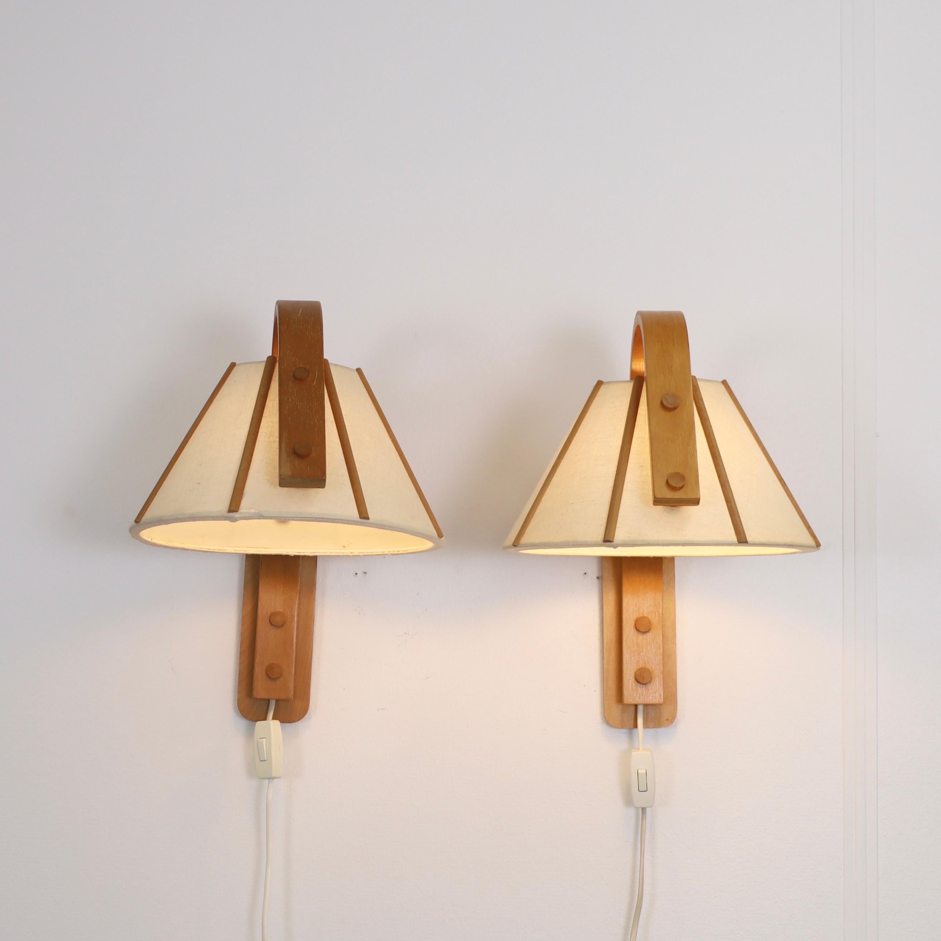 Fabric Scandinavian Modern Beech wood wall lamps by Jan Wickelgren, 1970s, Sweden