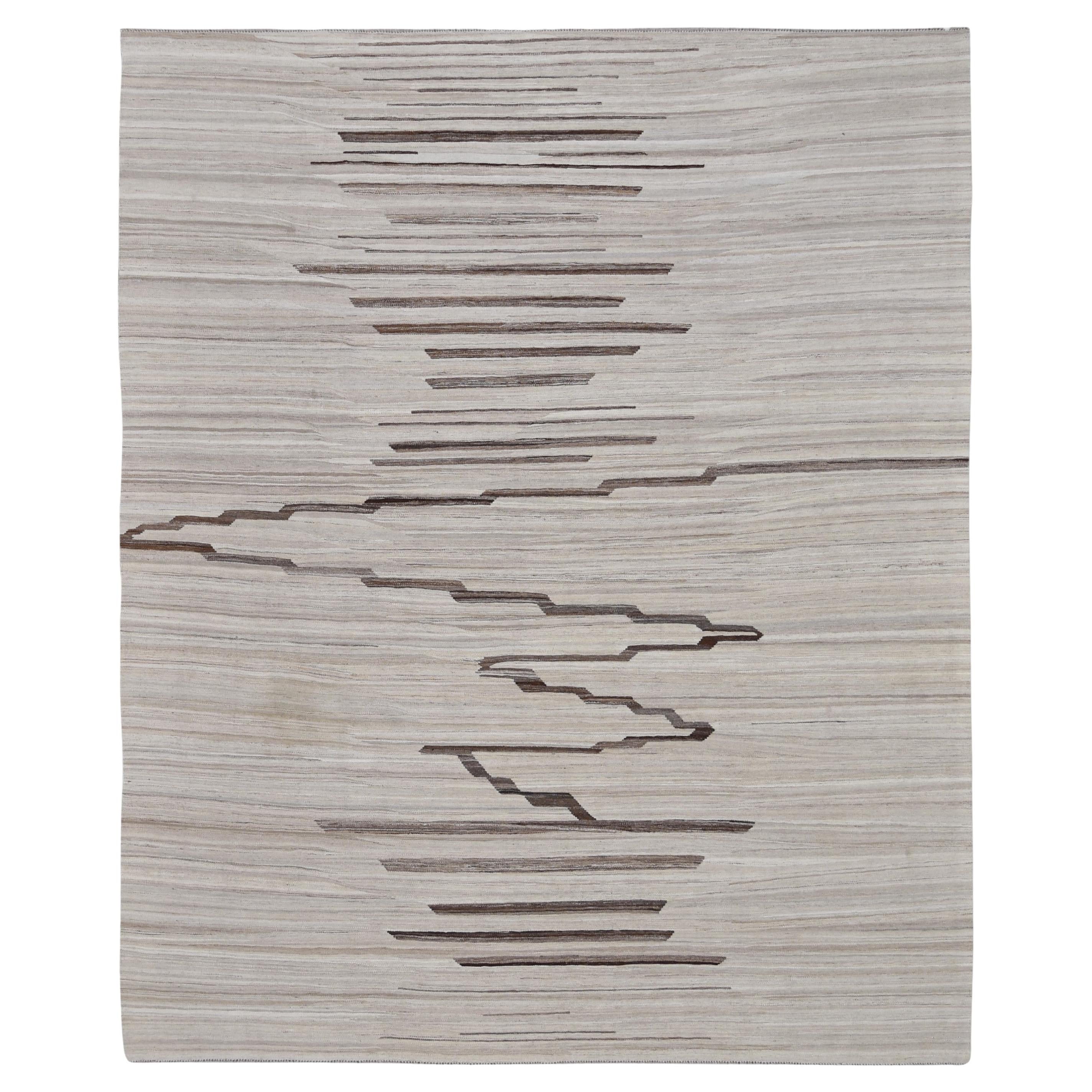 Skandinavisch Modern Beige und Brown Linear Motiv Wolle Kilim Teppich 8'x10'