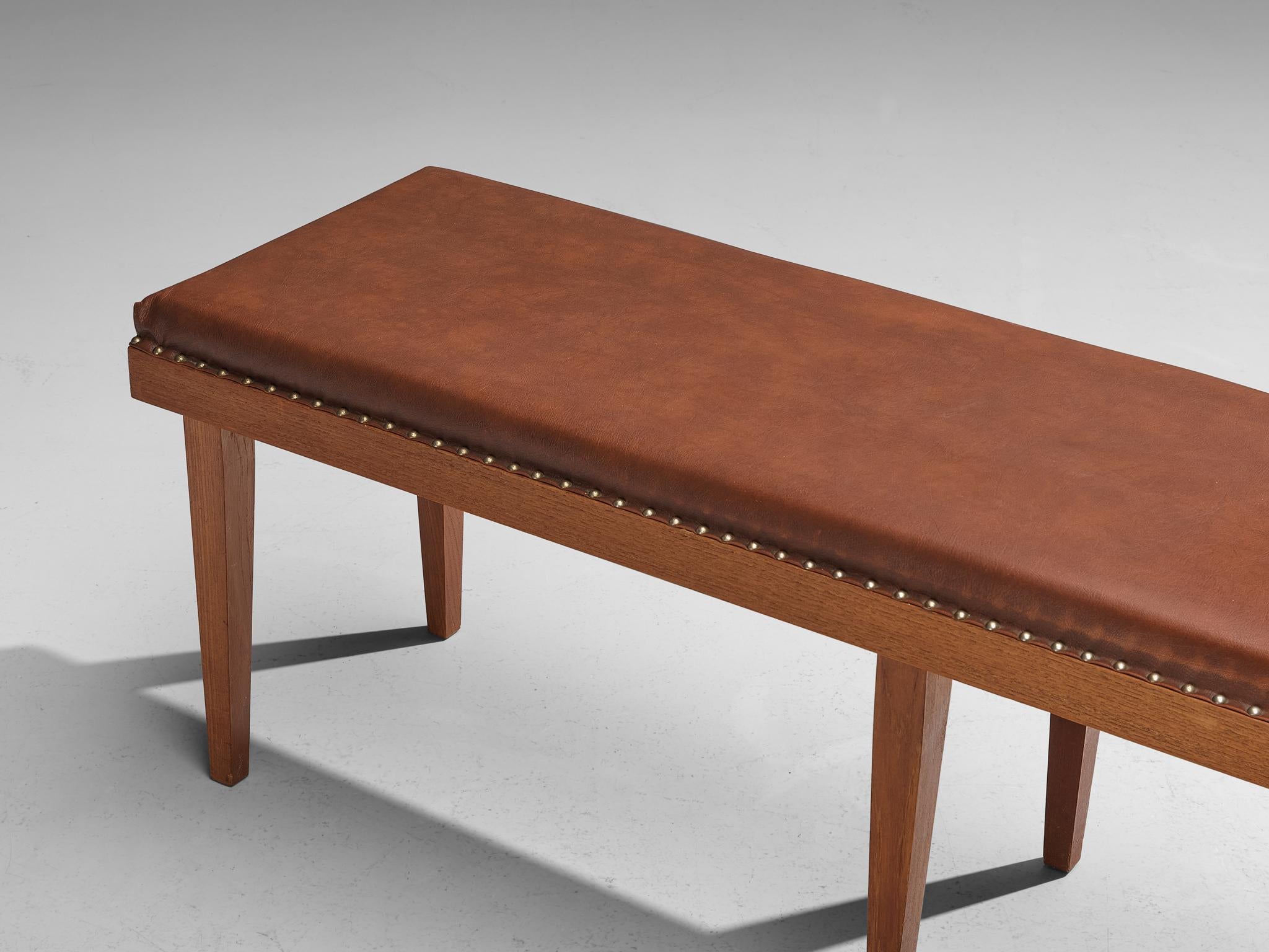 Brass Scandinavian Modern Bench in Chestnut Upholstery and Teak  For Sale