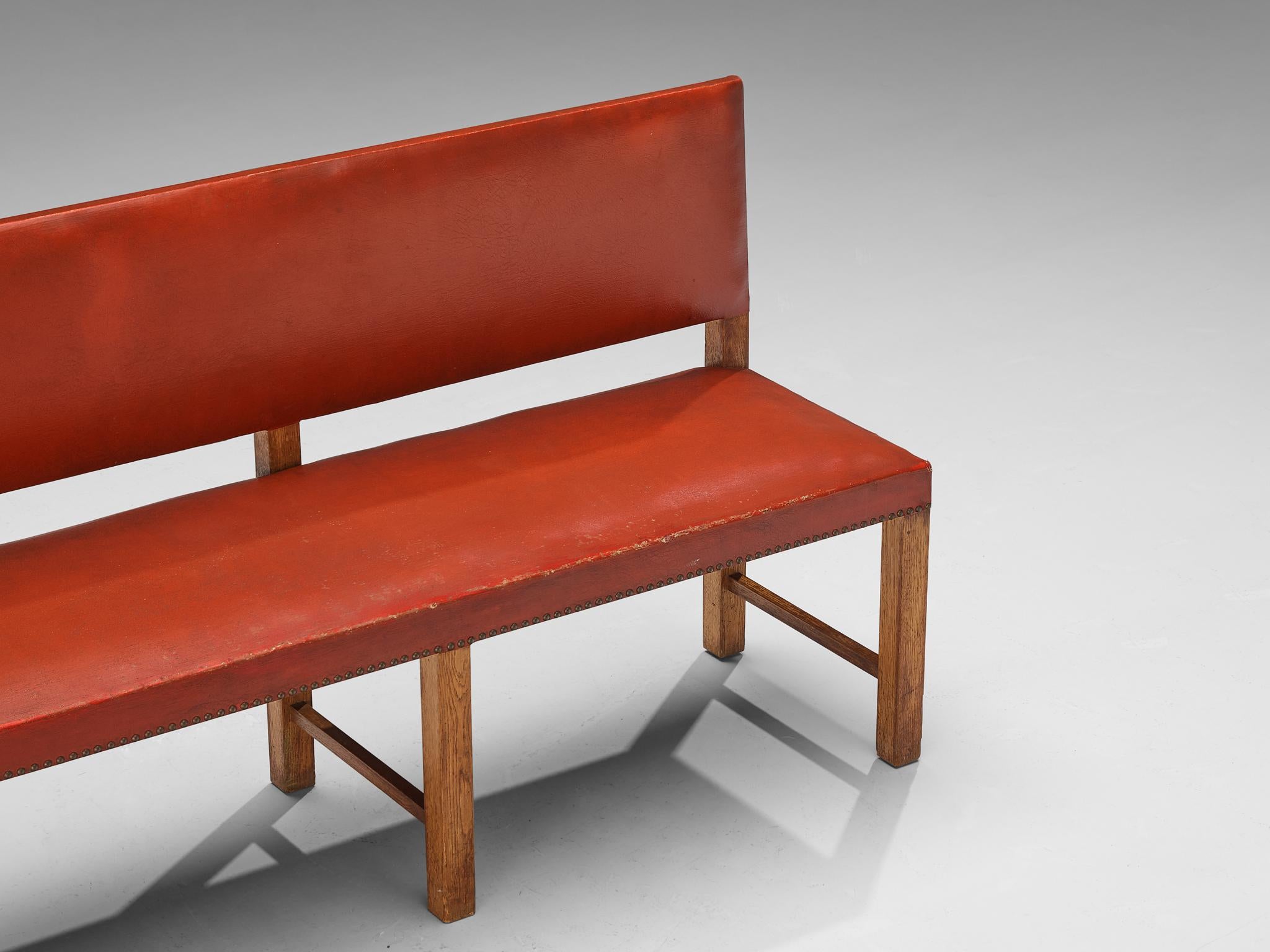 Mid-20th Century Scandinavian Modern Bench in Oak and Red Upholstery  For Sale