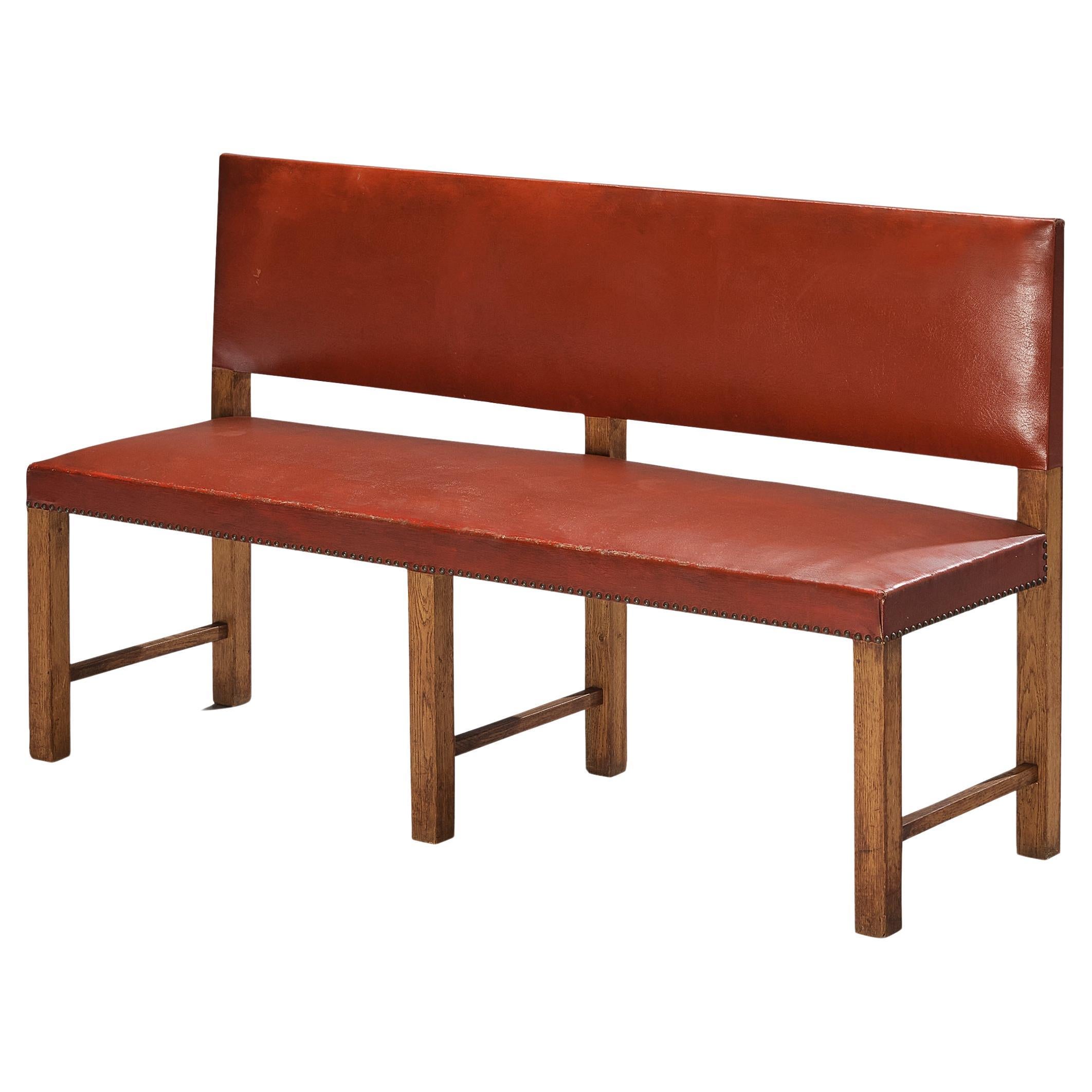 Scandinavian Modern Bench in Oak and Red Upholstery  For Sale