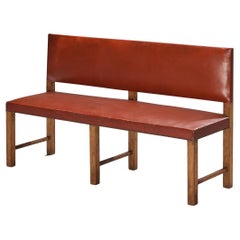Scandinavian Modern Bench in Oak and Red Upholstery 
