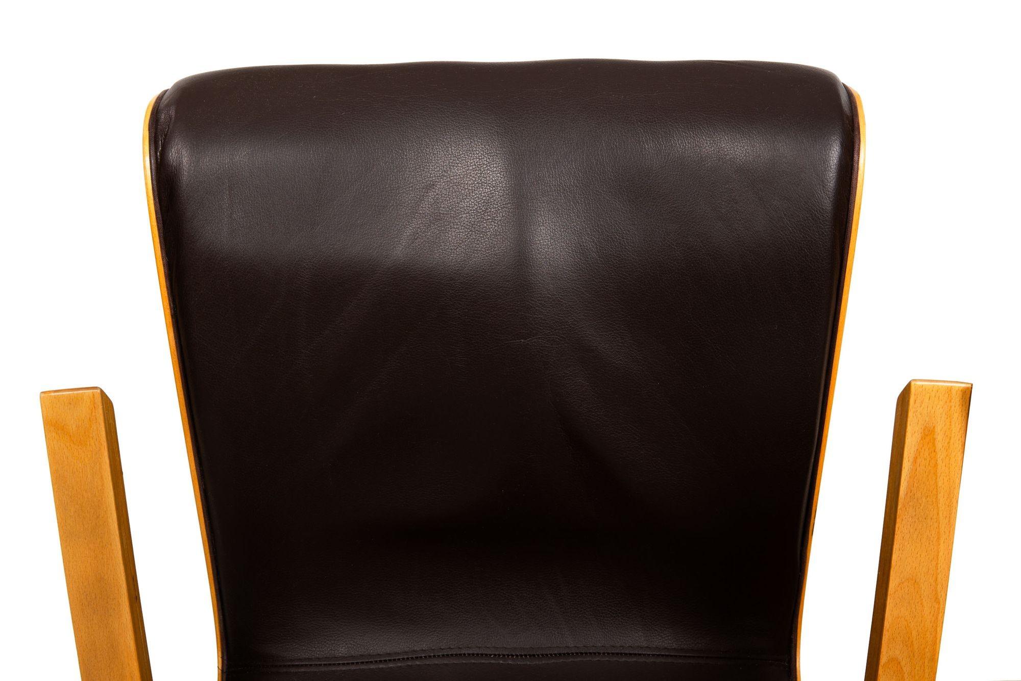 Scandinavian Modern Bentwood Leather Arm Chairs with Ottomans - A Pair For Sale 7