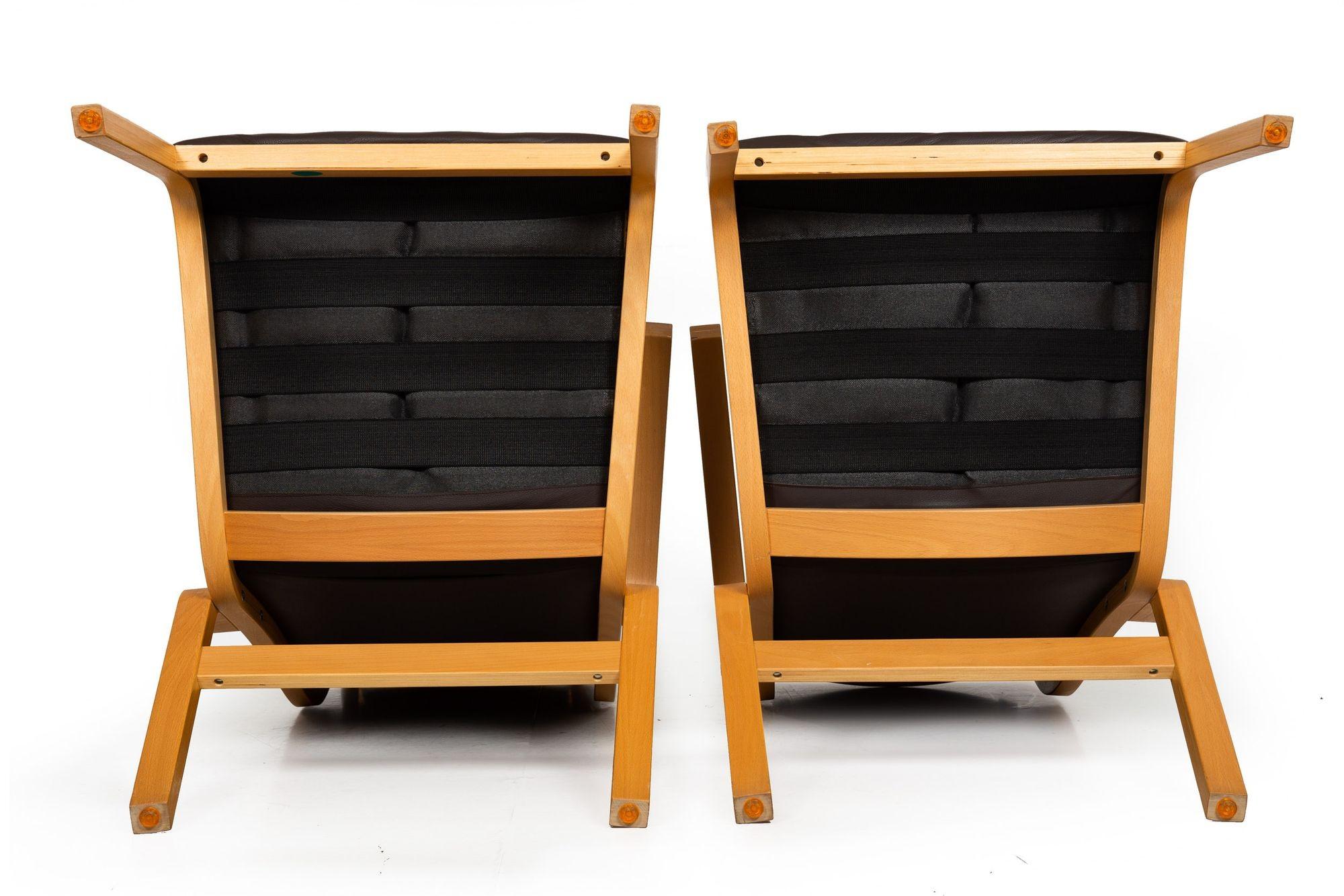 Scandinavian Modern Bentwood Leather Arm Chairs with Ottomans - A Pair For Sale 10