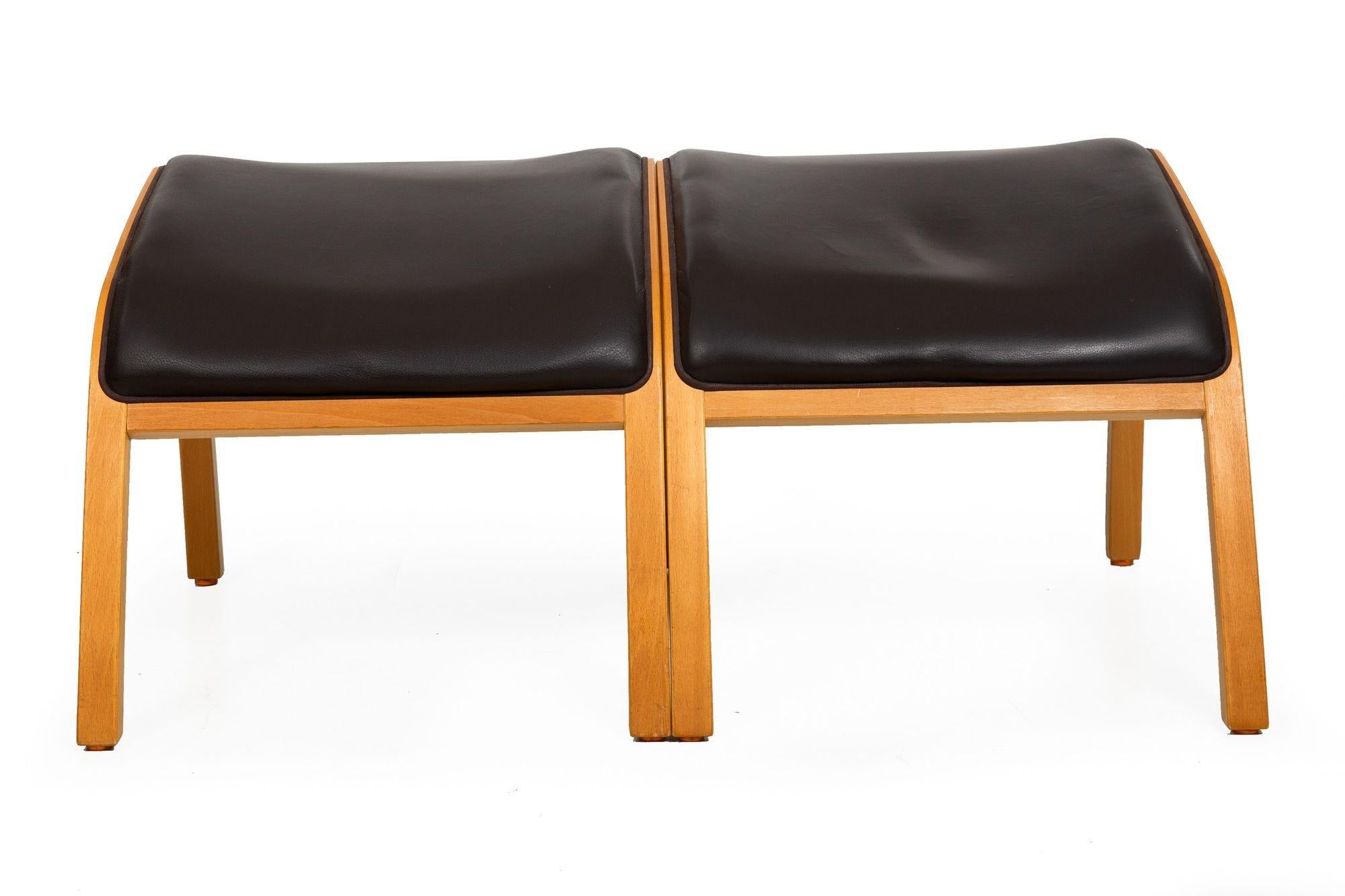 Scandinavian Modern Bentwood Leather Arm Chairs with Ottomans - A Pair For Sale 15