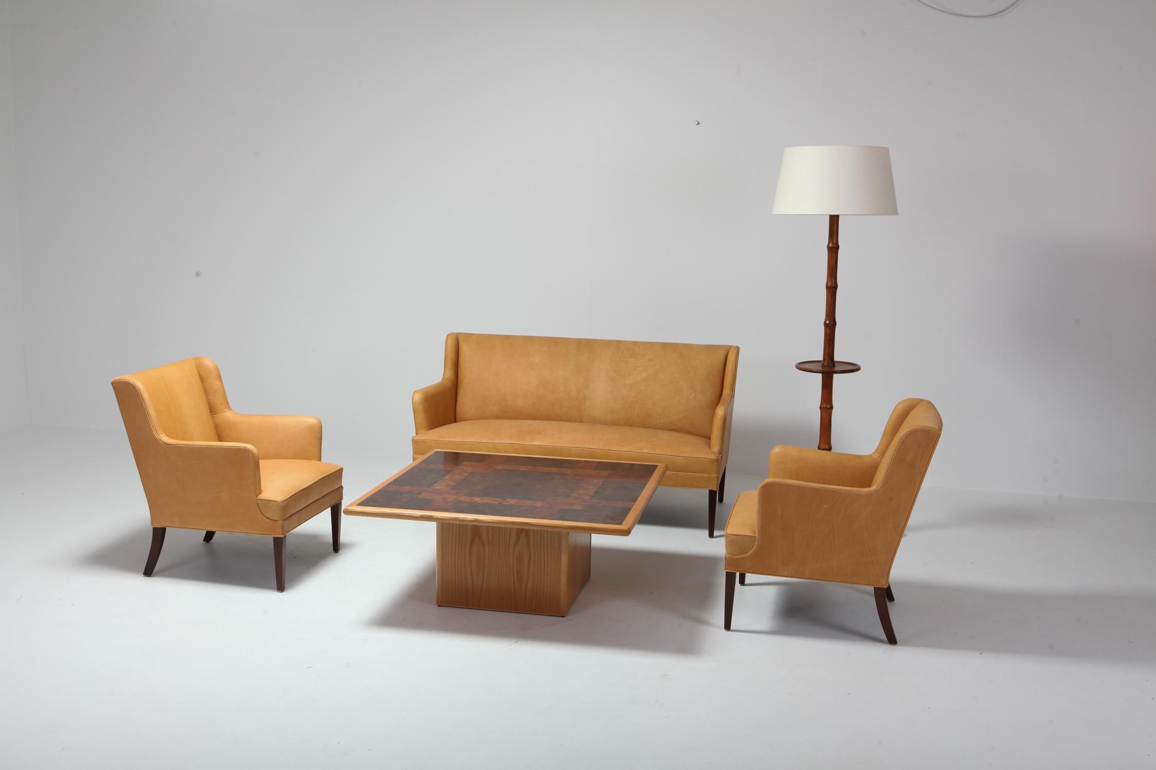 Scandinavian Modern Bergere Chairs in Camel Leather 9