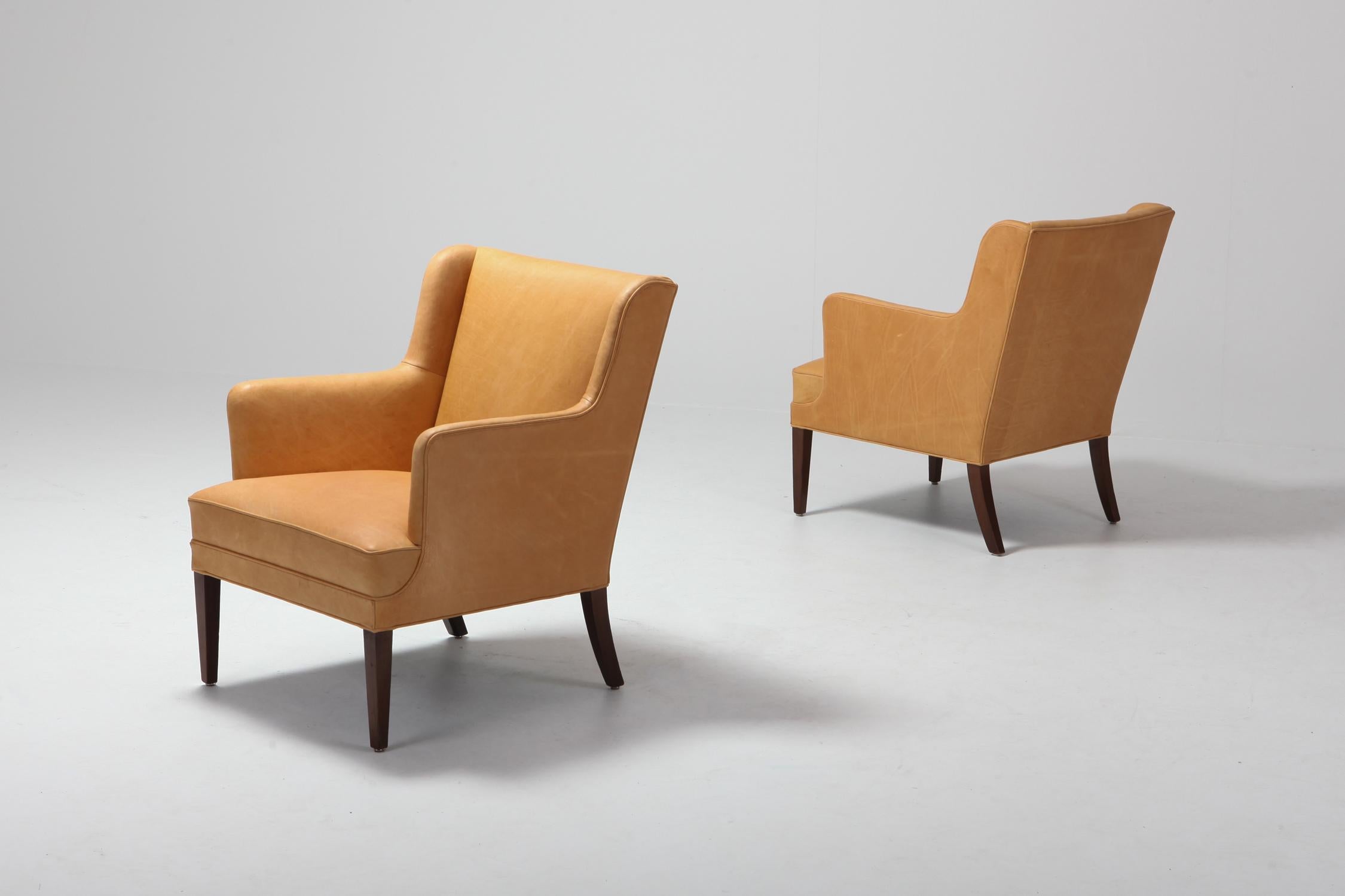 European Scandinavian Modern Bergere Chairs in Camel Leather