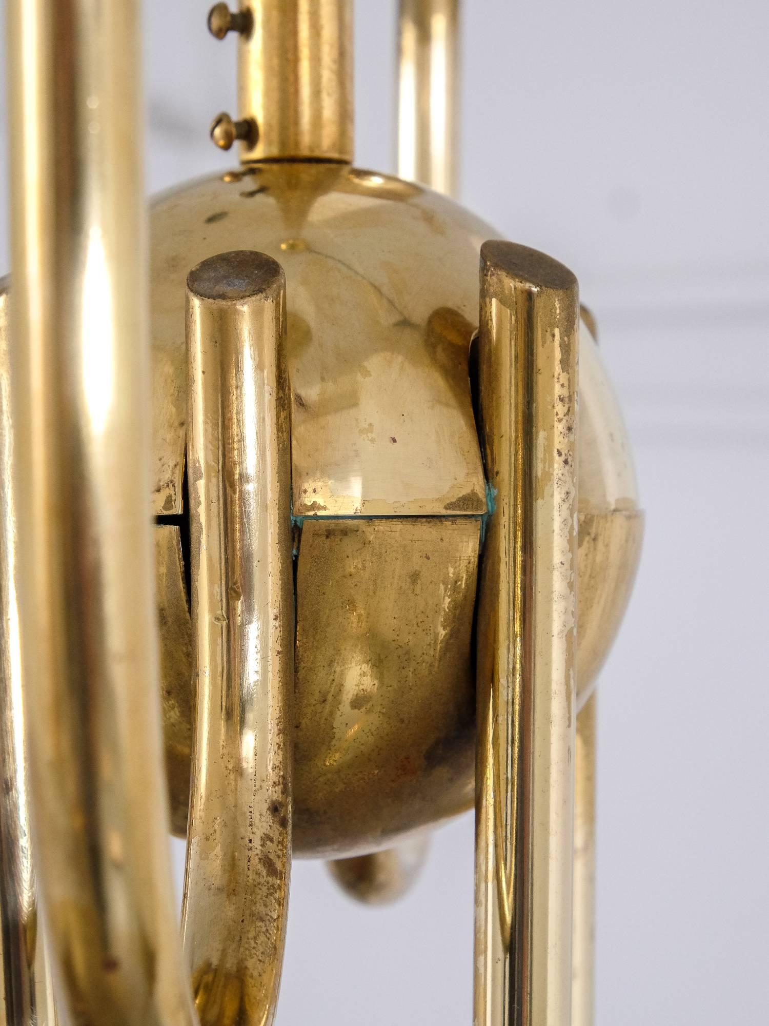 Frosted Scandinavian Modern Big Brass Chandelier Model ER 98/6 by Itsu, 1950s