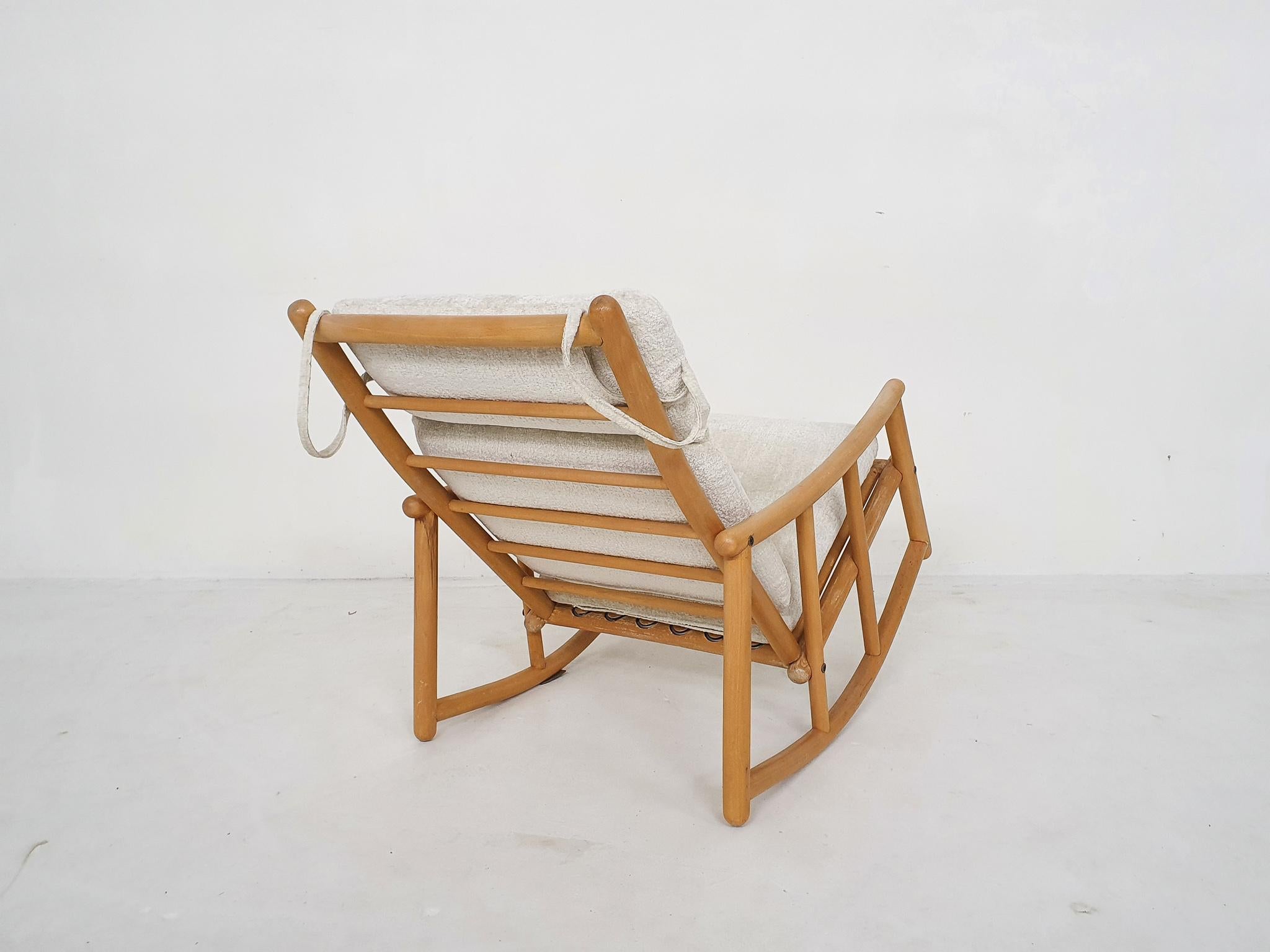 Bouclé Scandinavian Modern Birch Spindle Rocking Lounge Chair, 1960's For Sale