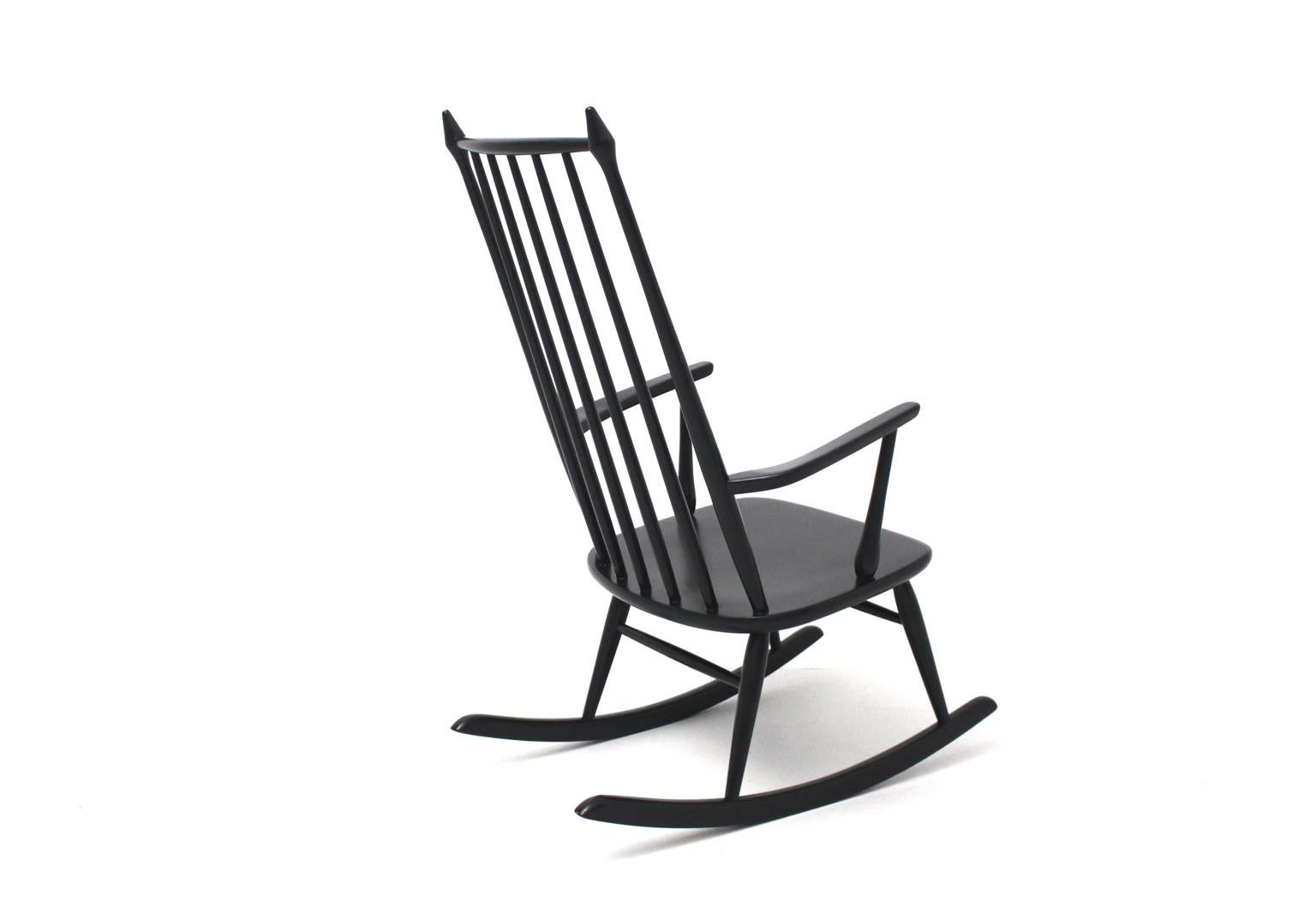 Lacquered Scandinavian Modern Black Beech Vintage Rocking Chair, 1960s