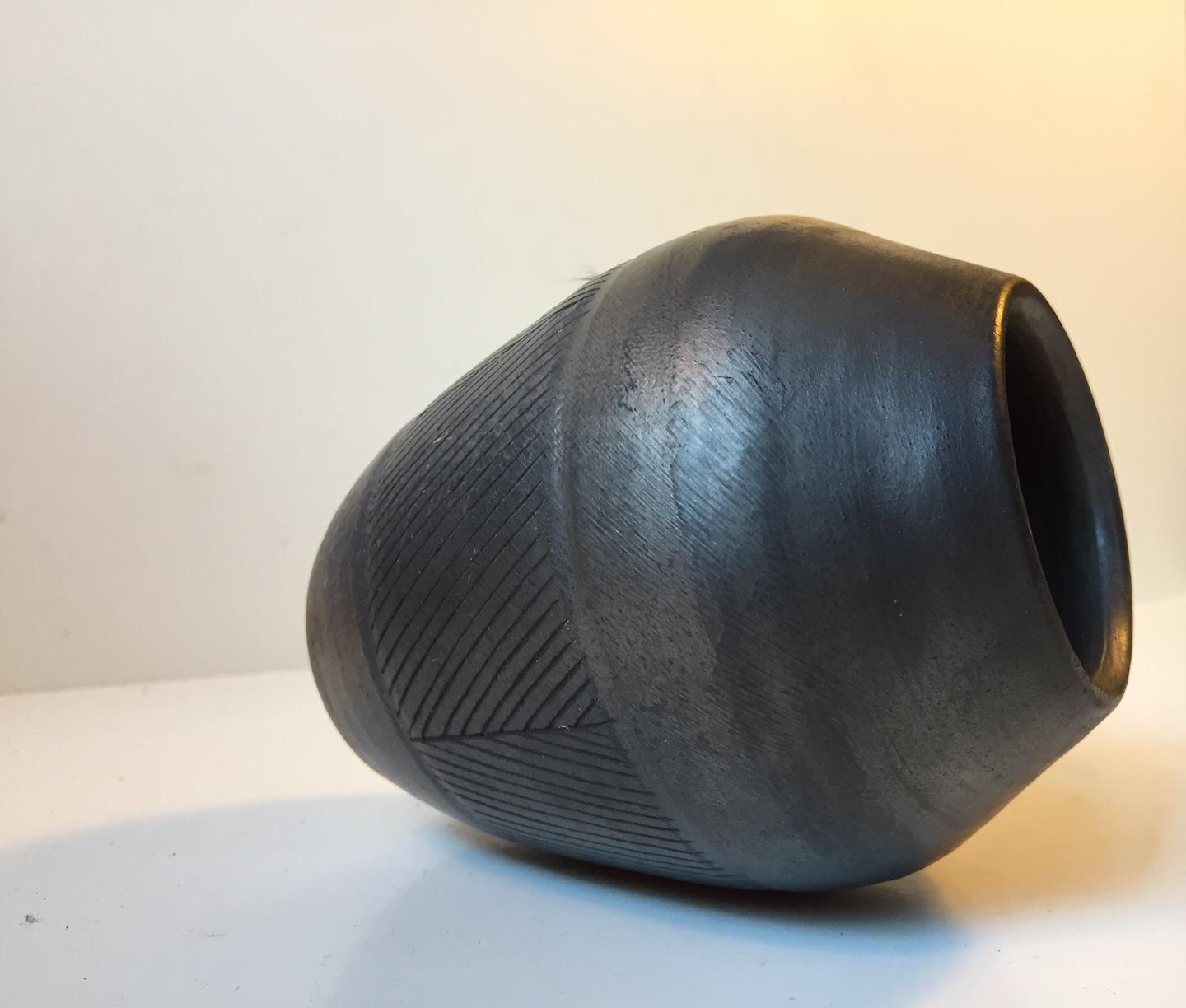 Glazed Scandinavian Modern Black Ceramic Vase, 1960s For Sale