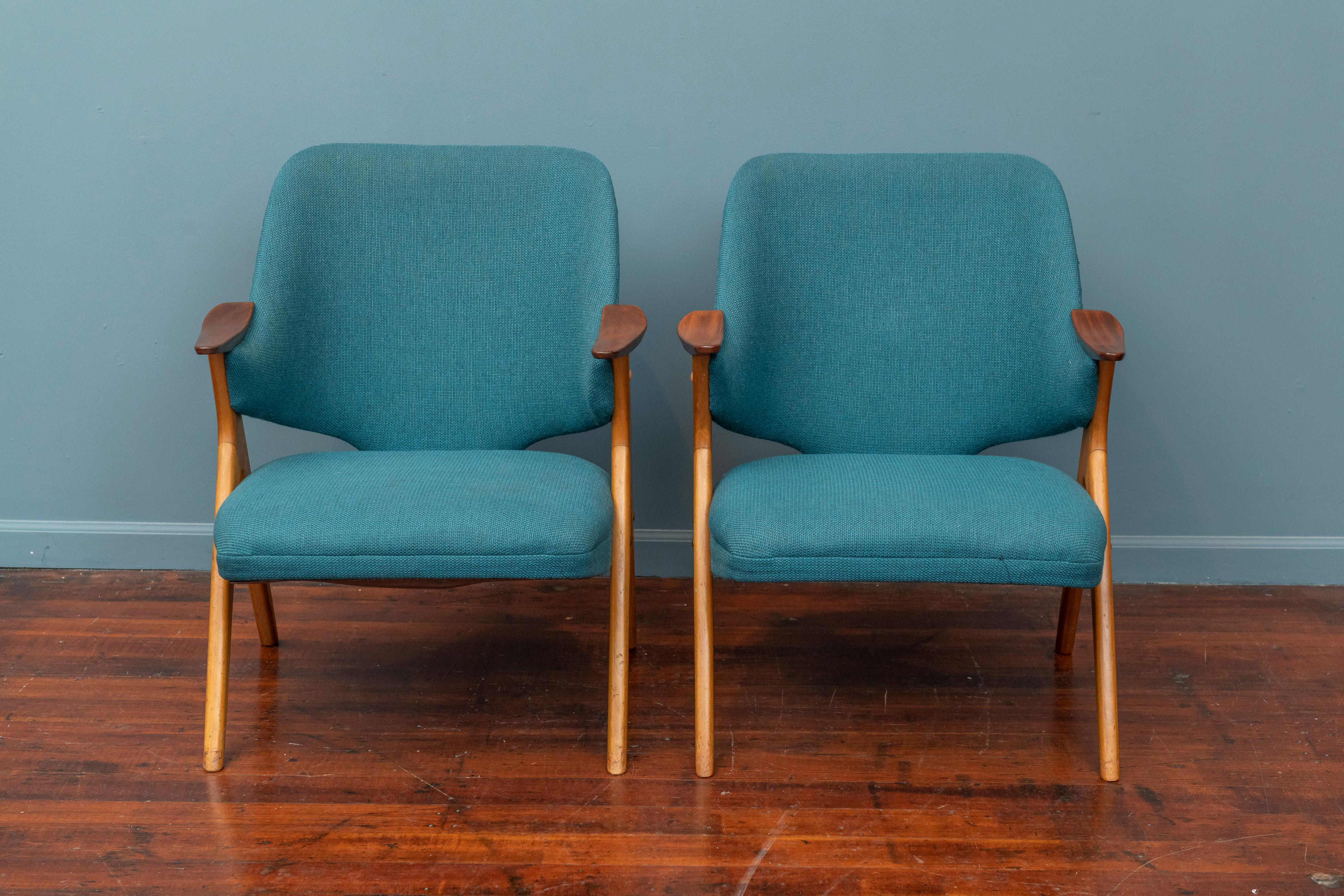Scandinavian Modern Blinken armchairs by Rastad & Relling, Norway. Upholstery is in good original condition and chairs are super comfy as-is or upholster in your choice of fabric.