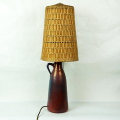 Scandinavian Modern Blue Ceramic Table Lamp with Original Wicker Shade