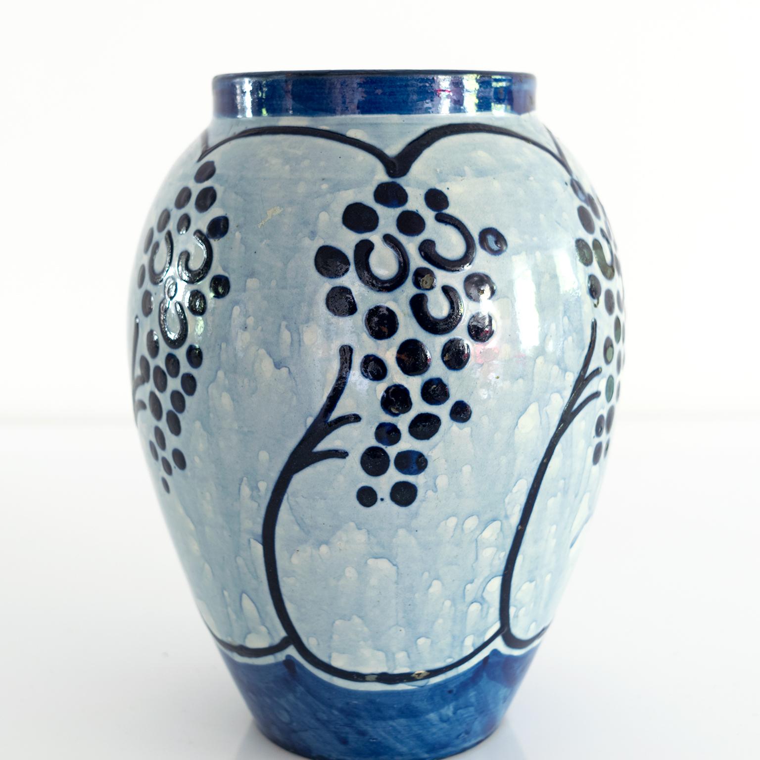 Hand-Painted Scandinavian Modern Blue Ceramic Vase Made by Upsala Ekeby, Sweden 1940 For Sale